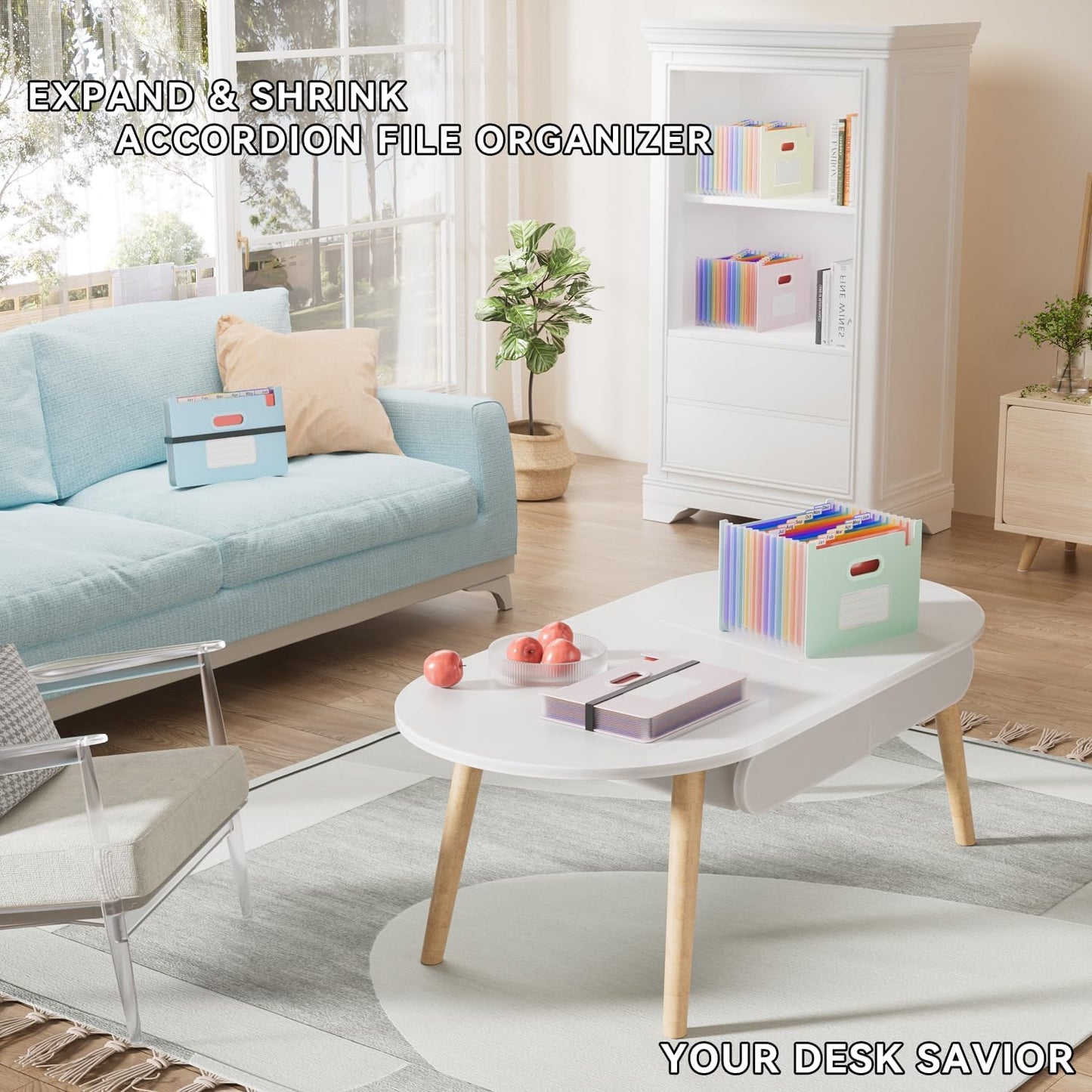 ThinkTex Accordion File Organizer, 12 - Pocket Expanding File Folders Upright & Open Top,for Paper Receipts, Bills&Taxes Organizer, Letter/A4 Size for School, Office, Home with Colorful tab-Sage Green