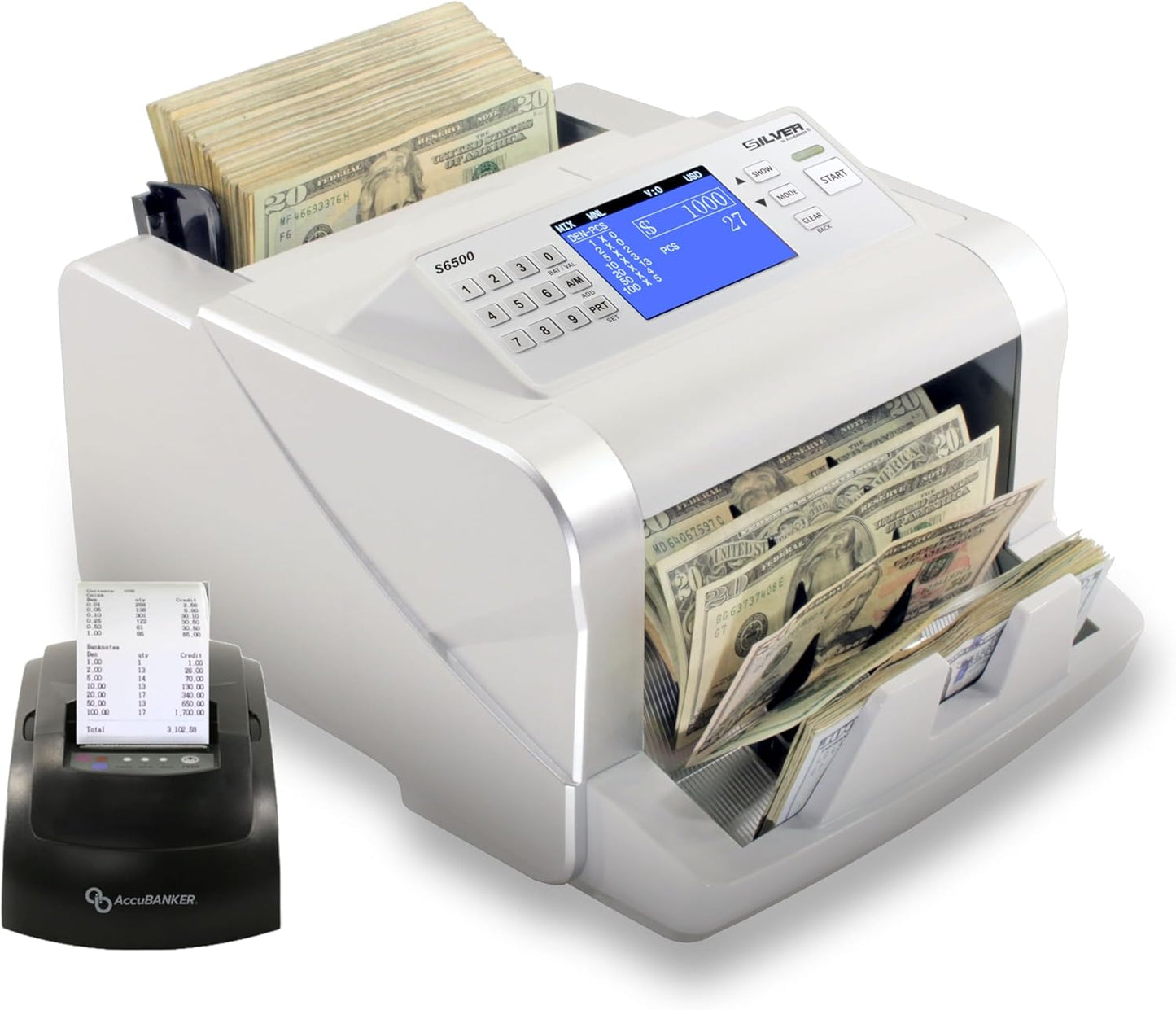 USD EUR CAD GBP MXN Money Counter Machine, Quick Mixed Denomination Bill Counter, Counterfeit Detection UV/MG/IR/DD/MT/DBL/HLF/CHN, with Printer Included, S6500