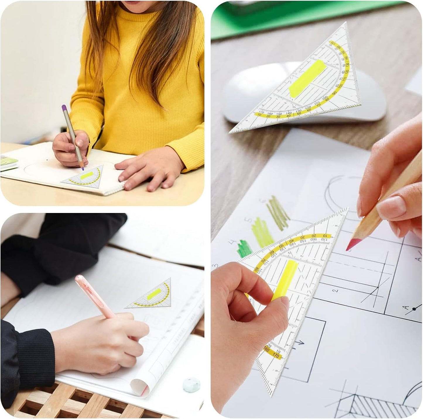 6PCS Triangle Ruler with Handle, Transparent Plastic Protractor Geometry Math Ruler Measuring Tool for Students Office Designers Painting Drafting
