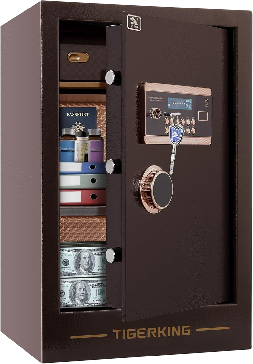 TIGERKING Large Heavy Duty Safe Box, 3.47 Cuft Digital Security Home Safe with Combination Lock Built-in Lockable Box, Dual Alarm System Safes for Home Office Business, Antique Brass