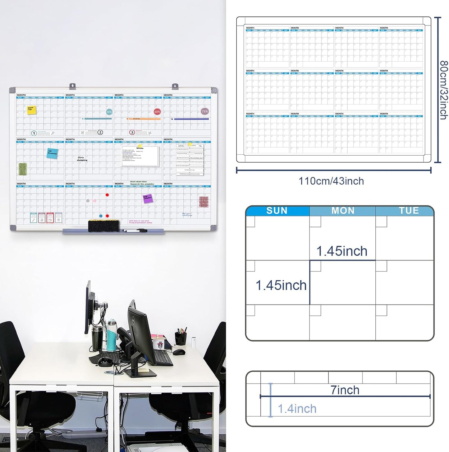MAKELLO Large Magnetic Dry Erase Calendar Whiteboard Yearly for Home 43x31 in, Bedroom, Office, Classroom, 12 Months