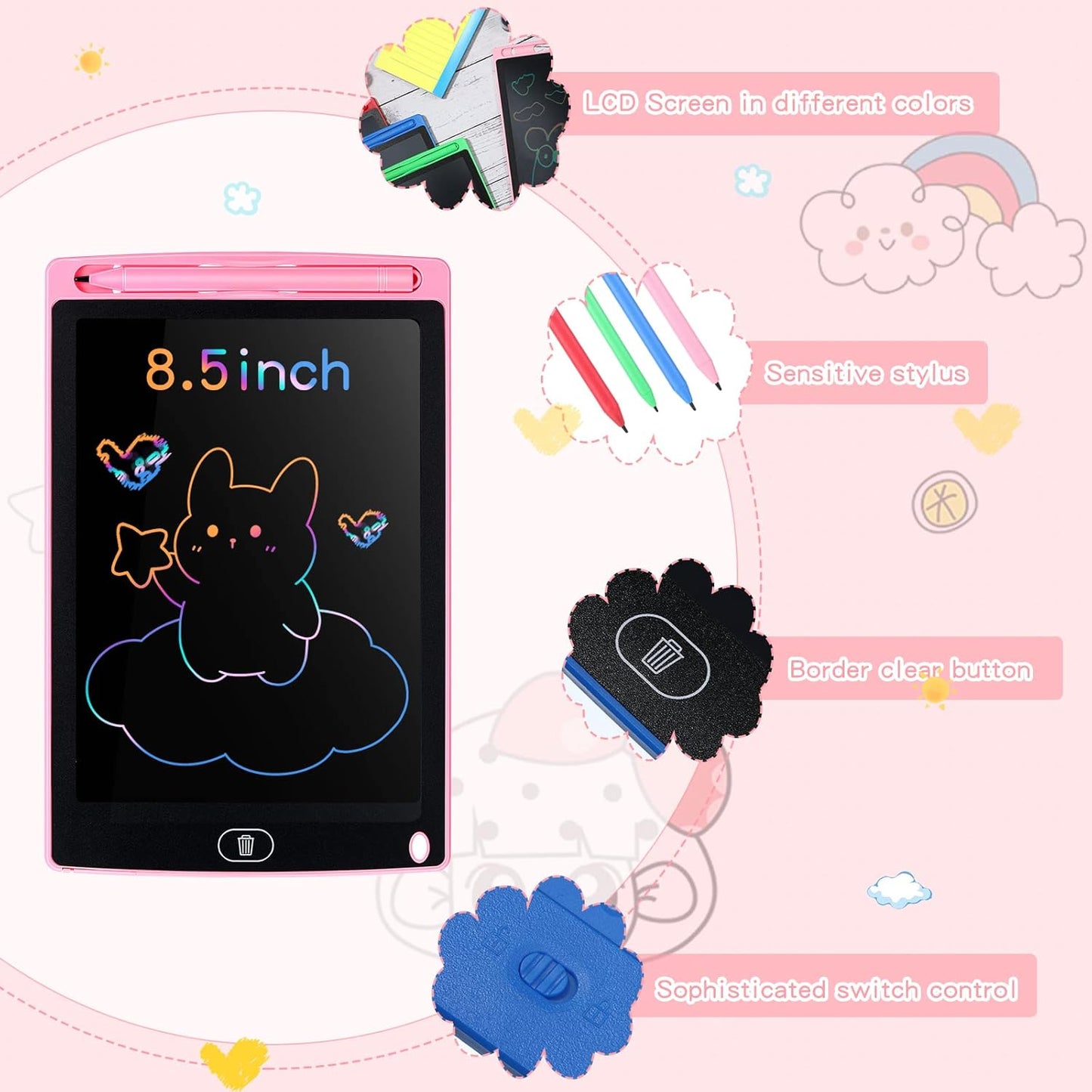 Zonon 4 Pcs LCD Writing Tablet 8.5 Inch Doodle Board Tablet Drawing Gifts LCD Writing Board Electronic Erasable Reusable Colorful Screen Pad(Blue, Red, Green, Pink)