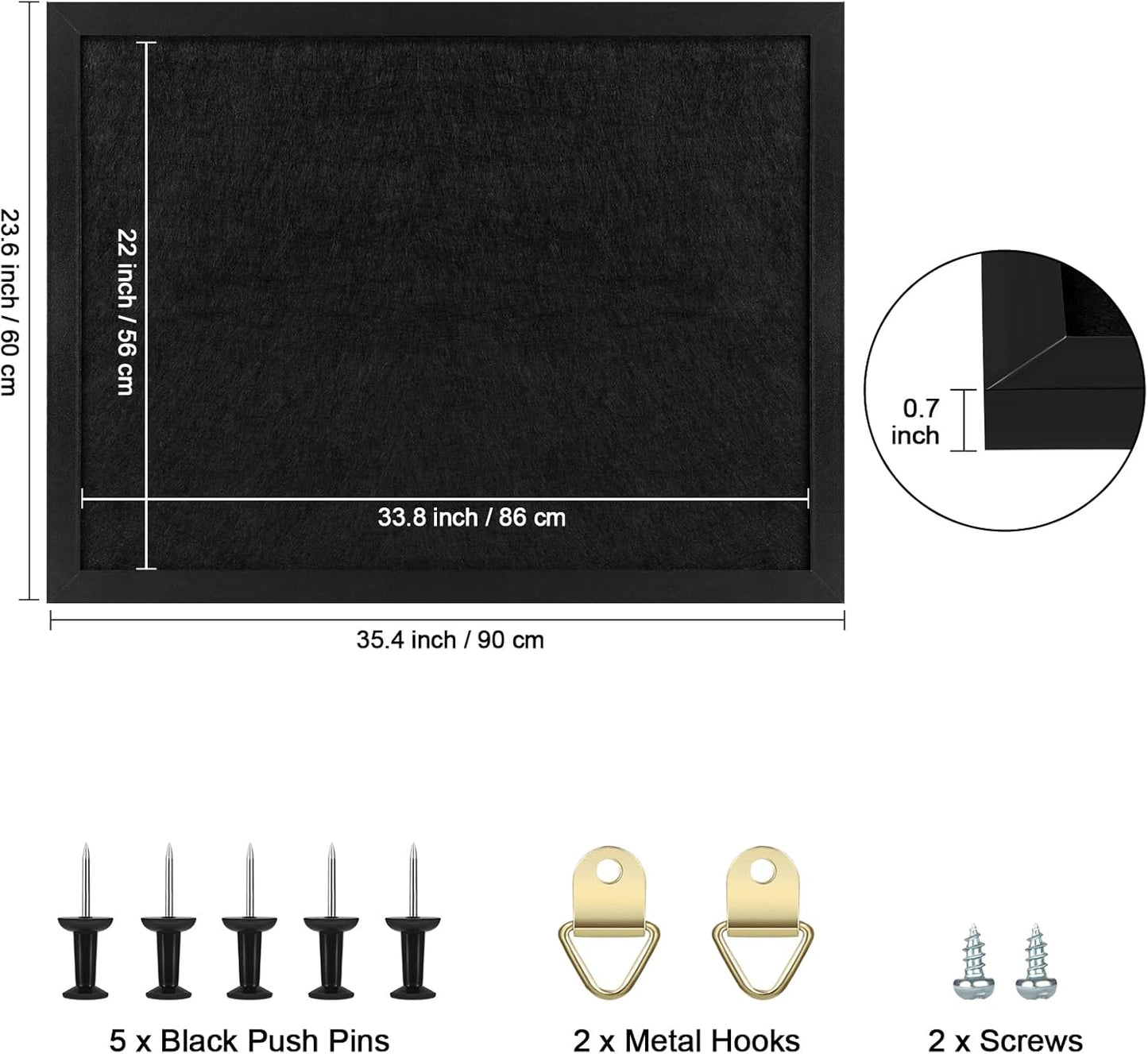 TORASO Cork Board Bulletin Board, 23.5" X 35.5" Cork Boards for Walls with Pins, Eye Bolts, gaskets, Screws, Pin Board for Office, School and Home (BK,60x90cm,1p)