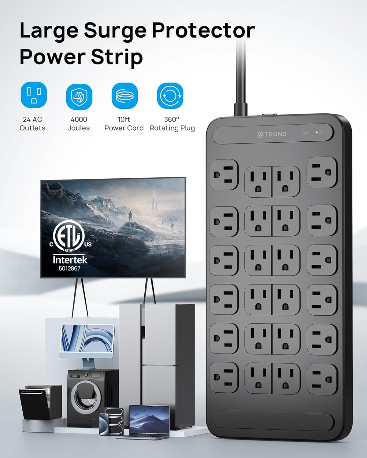 TROND Surge Protector Power Strip 360° Rotating Flat Plug, 24 AC Outlets, 4000 Joules, 10ft Heavy Duty Extension Cord 1875W, ETL Listed, Ideal for Gaming Office Home Dorm Room Essentials Black