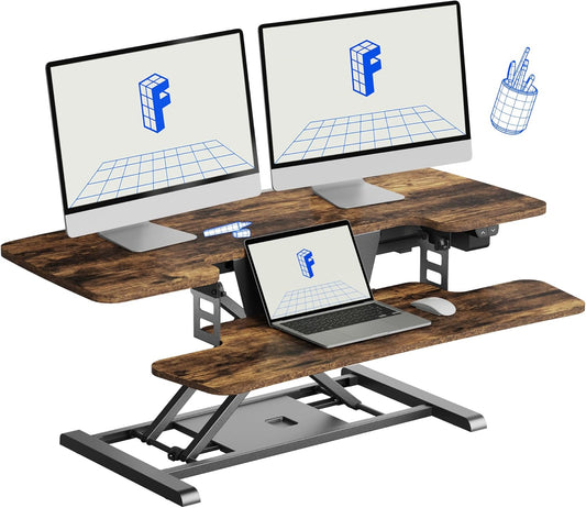 FLEXISPOT 40 inch Electric Motor Desk Converter, Sit to Stand Monitor and Laptop Workstation, Height Adjustable Riser with Wide Keyboard Tray, Rustic Color