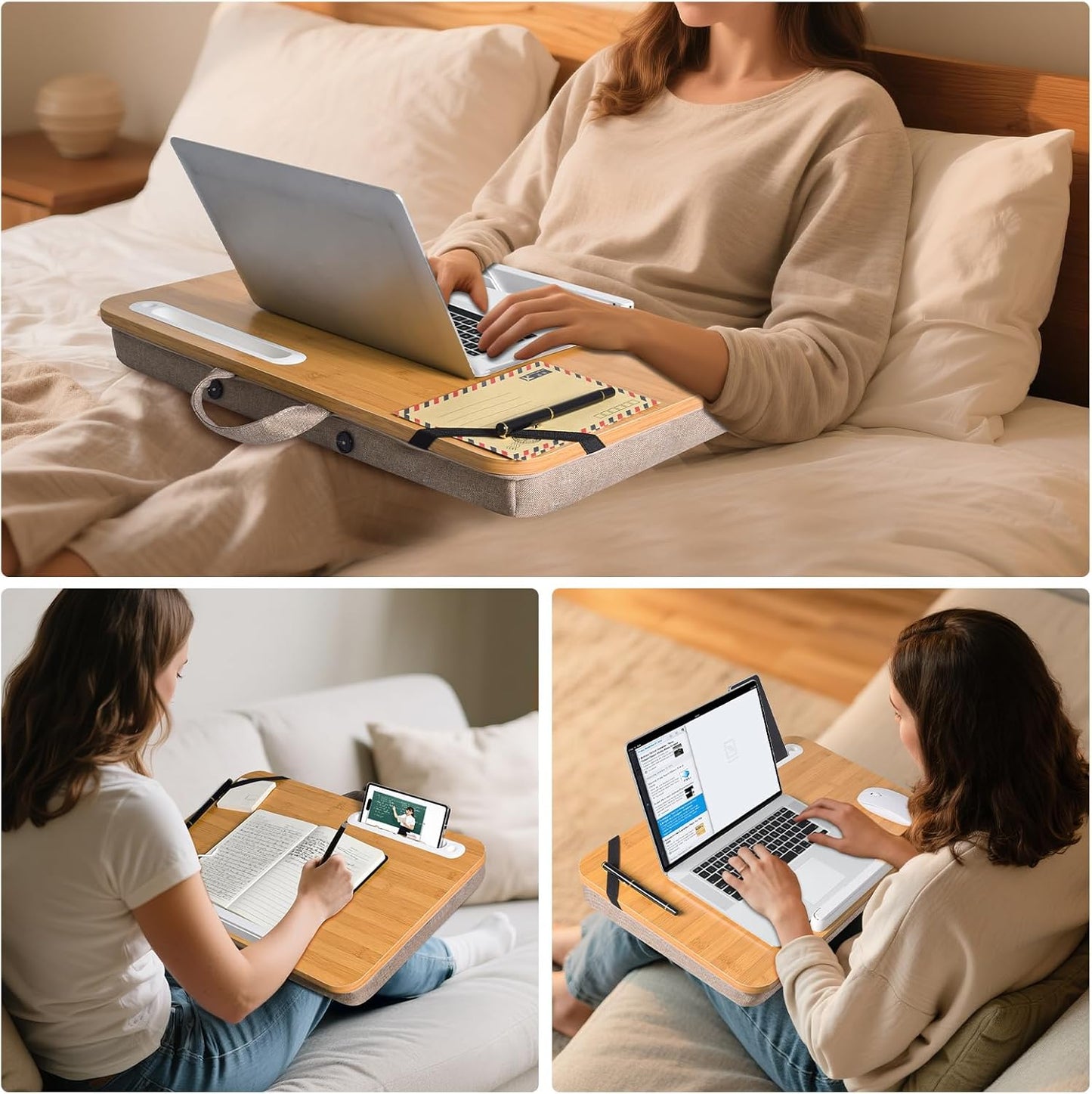 wishacc Portable Bamboo Lap Desk Tray, Natural Wood, Large 21.1 x 12.9 Inch, for Home Office