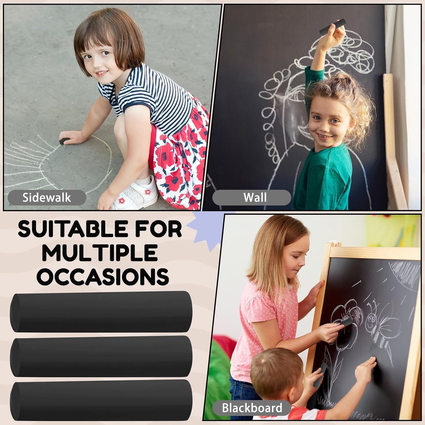 Fulmoon 40 Pcs Jumbo Sidewalk Chalk for Kids Outdoor Art Non Toxic Large Washable Street Chalk for Adults Drawing Painting Classroom(Black,Round Style)