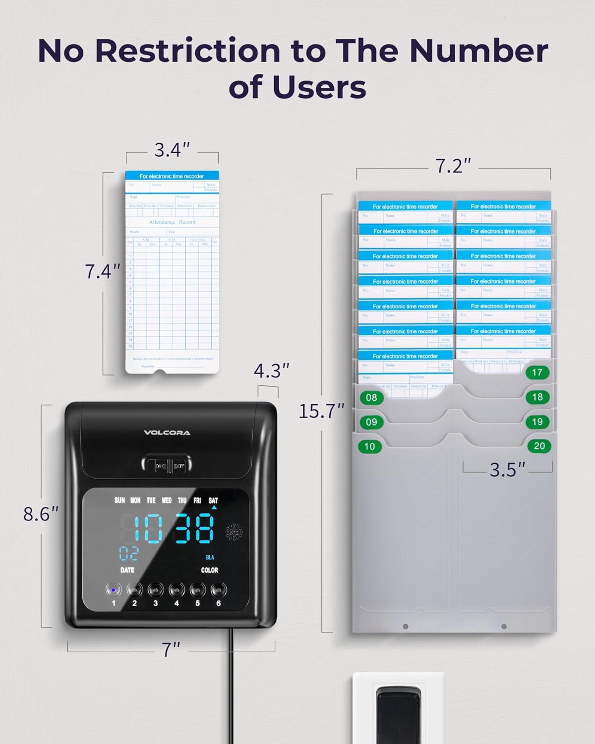 Volcora Time Clock for Employees with 150 Time Cards, 1 Ink Ribbon, 1 Rack, Punch Time Clocks Machine for Small Business with Backup Battery, Punch Clock No Key and Network Need, for Office, Retail