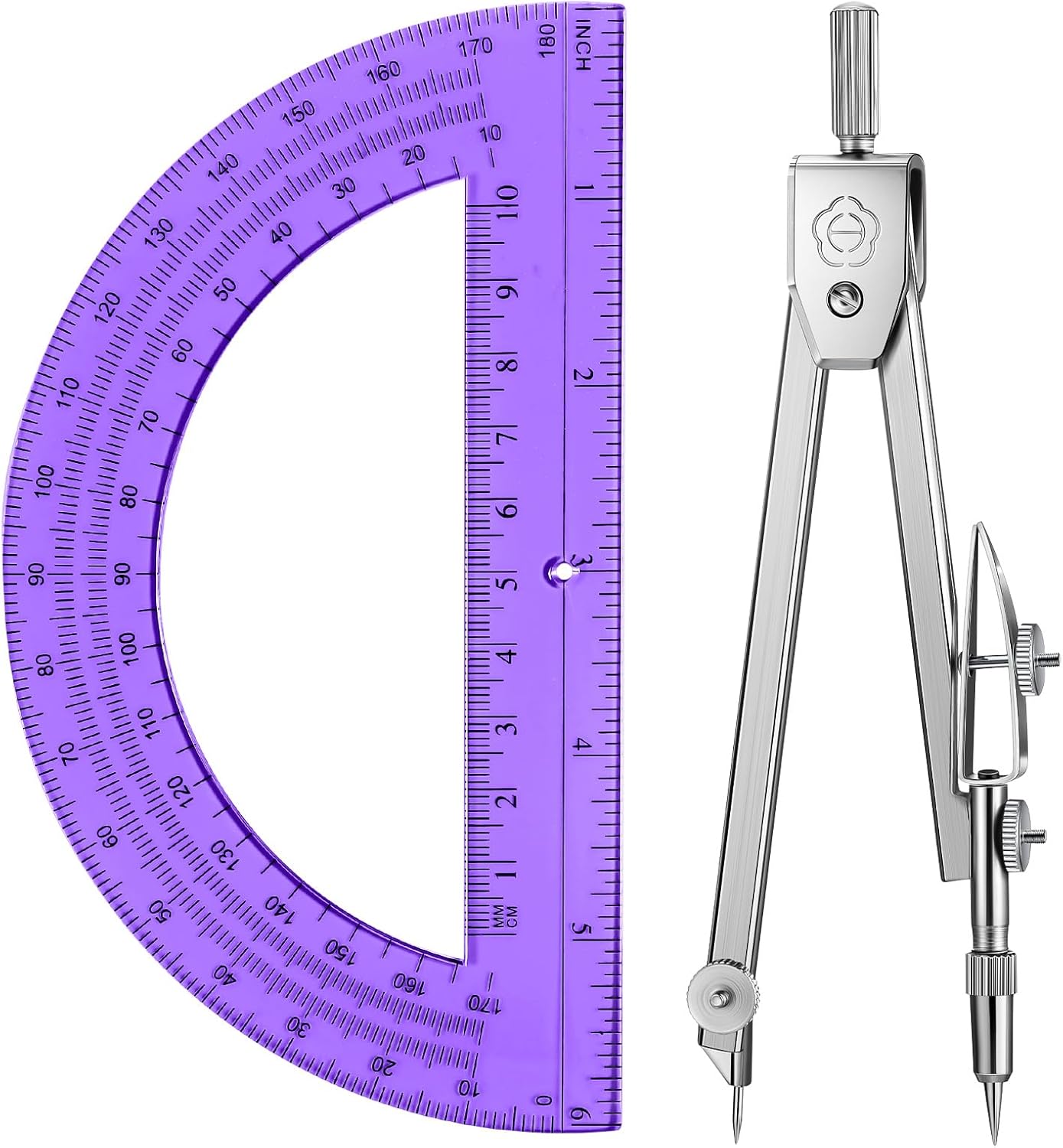 EBOOT Student Geometry Math Set, Drawing Compass and 6 Inch Swing Arm Protractor 180 Degree Math Protractor (Purple)
