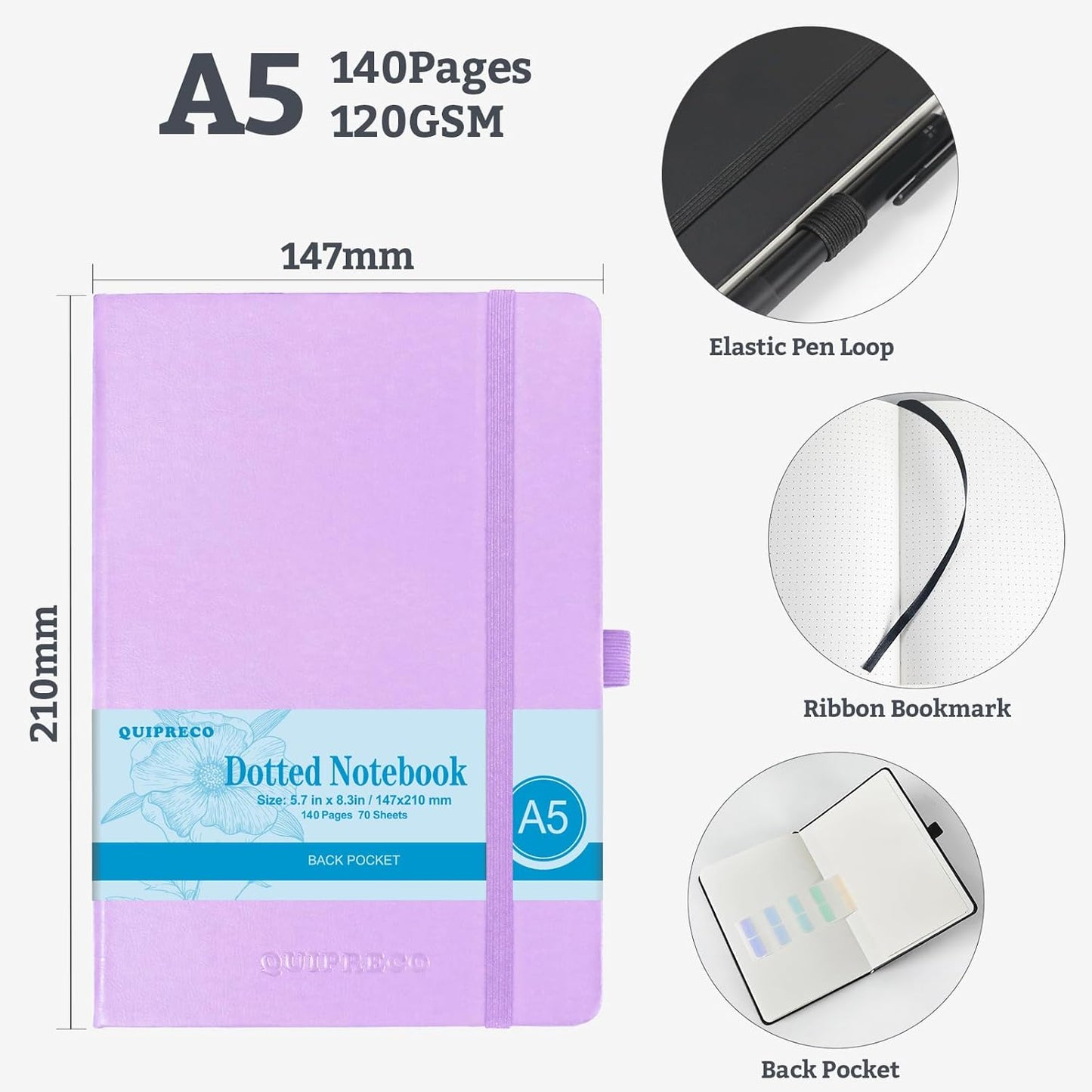 2Pack Bullet Dotted Hardcover Journal Notebook, A5 140 Pages 120Gsm Thick Paper for School,Note Taking,Work,Diary，5.7"*8.3",Lavender