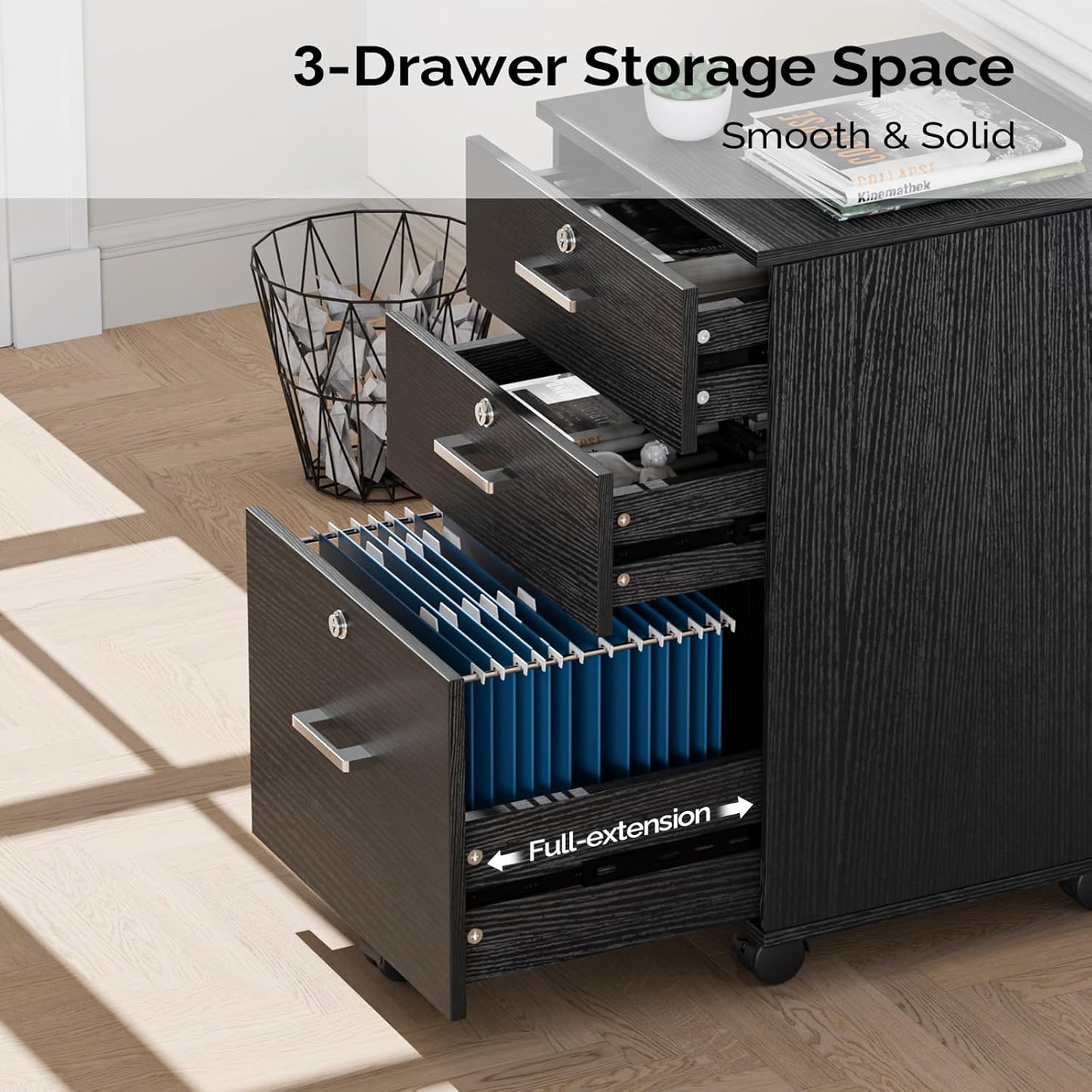 VINGLI 3-Drawer File Cabinet with Lock, Wood Rolling Filing Cabinets for Home Office, Mobile Printer Stand, Under Desk File Organizer for Letter Sized Files, 26" H(Caster Included), Black