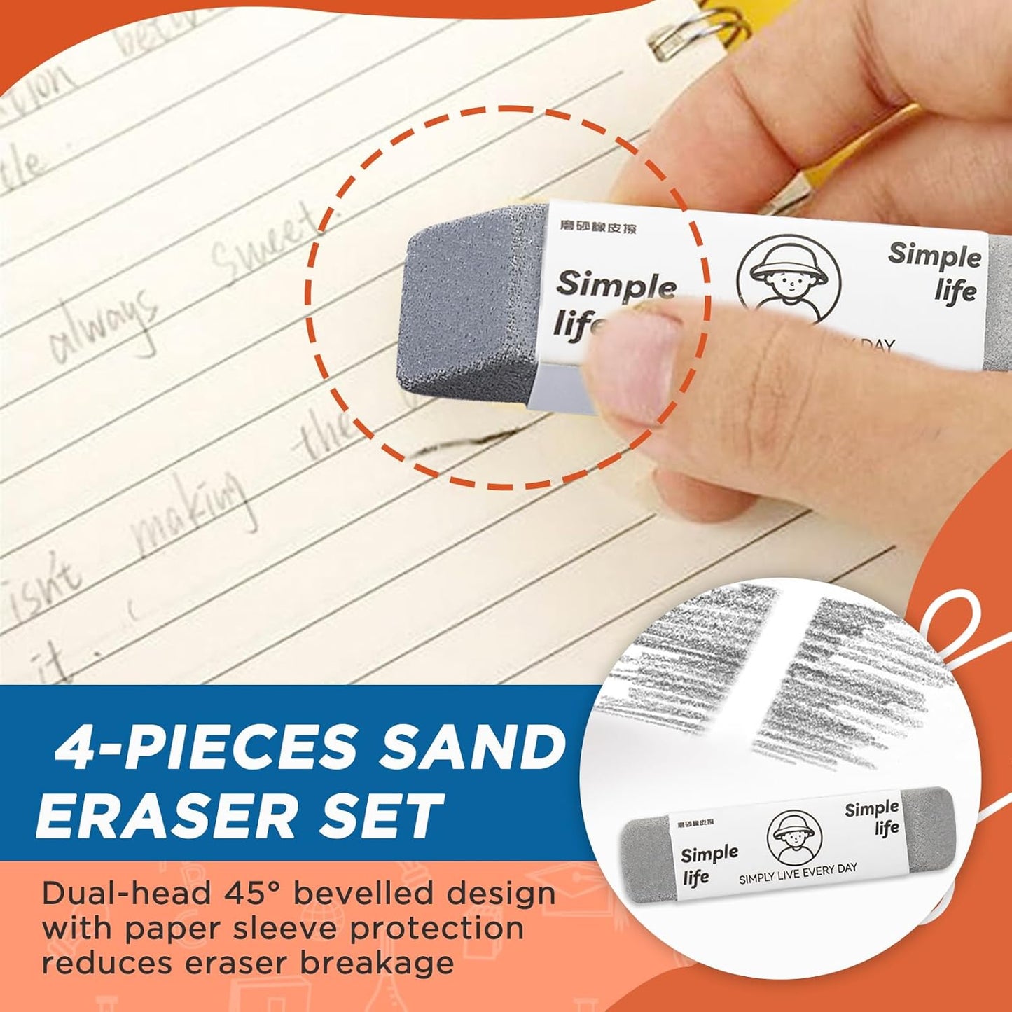 4 - Pack Sand Erasers - Frosted Erasers for Pens, Fountain Pens, and Ink - Special School and Office Supplies for Correction - Colored Pencil and Ink Eraser