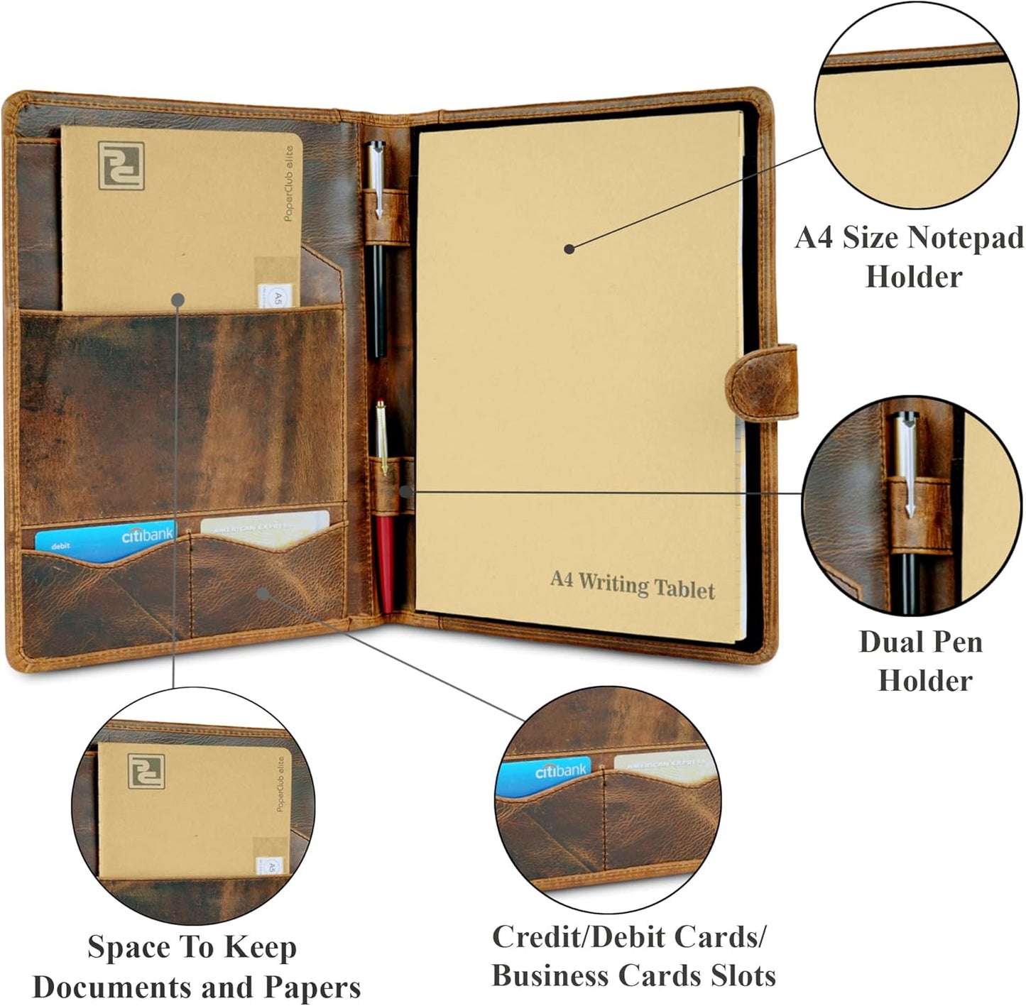 Leather Padfolio Legal Pad Portfolio Organizer | Handmade Executive Notebook Binder | Heavy Duty Full Grain Cow Hide Resume Interview Folio for Men Women, Rustic NoteBook Folder (brown)