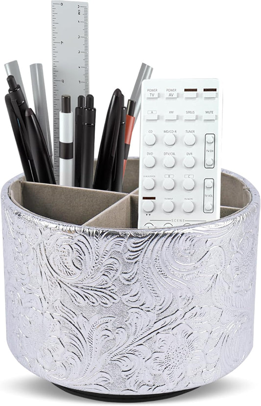 lizimandu Round Leather Art Supply Organizer,Remote Control Holder,360 Degree Spinning,Multi-Functional Pencil Holder,4 Compartments Desktop Stationary Organizer(1-Carved Silver)