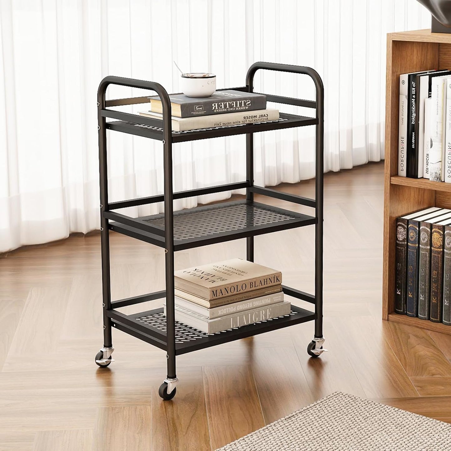 HDANI 3 Tier Rolling Cart,Heavy Duty Multifunctional Metal Frame-Supports 22 Lbs Per Tier,Rolling Cart with 2 Lockable Wheels for Office,Home,Bedroom,Kitchen,Bathroom (Black)…