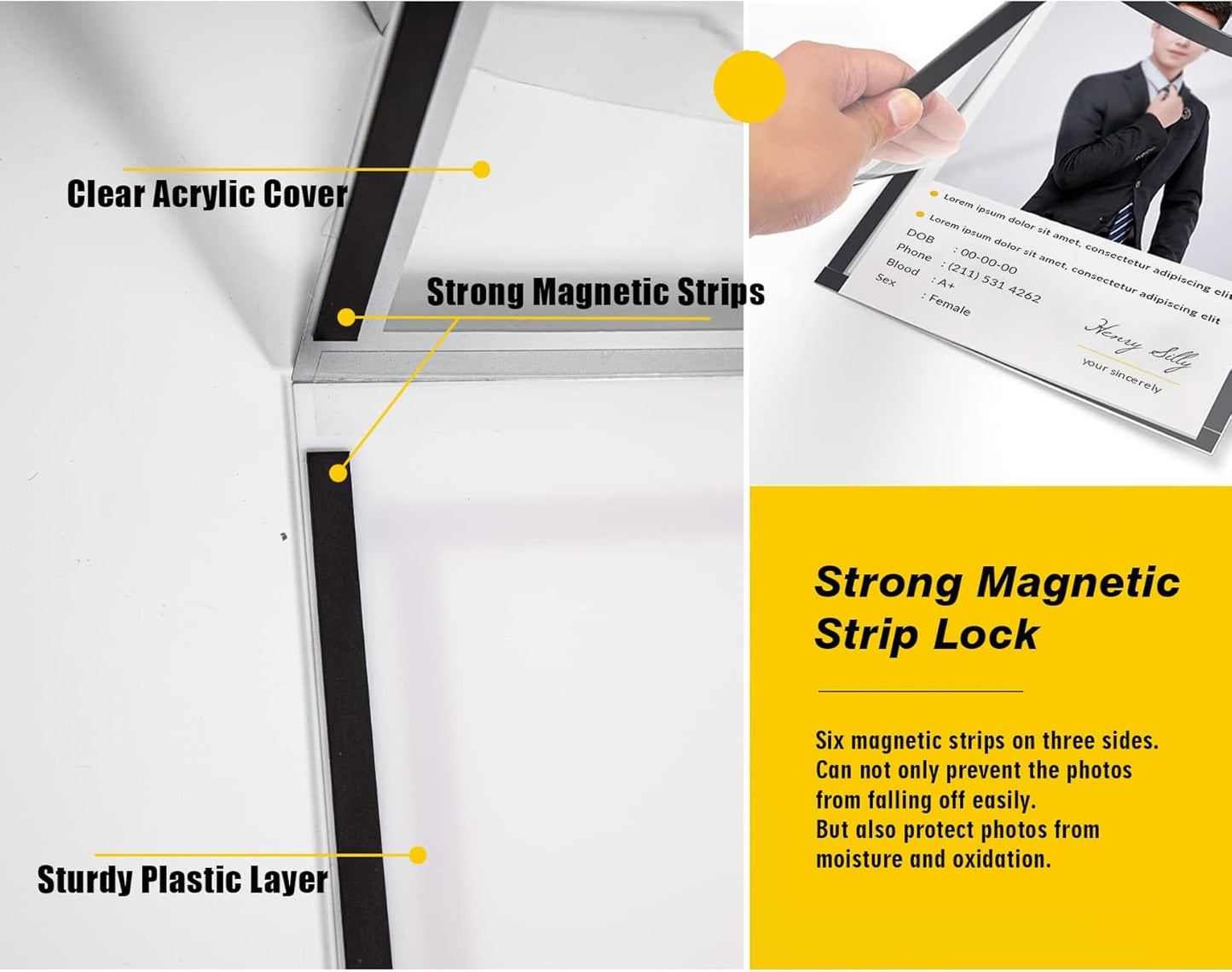 Acrylic Magnetic Sign Holder, Easy-Opening 8.5 x 11 Wall Mount Display Frames, Self Adhesive Back Plastic Clear Document Frame, Horizontal & Vertical Display (Silver, 12Pack)