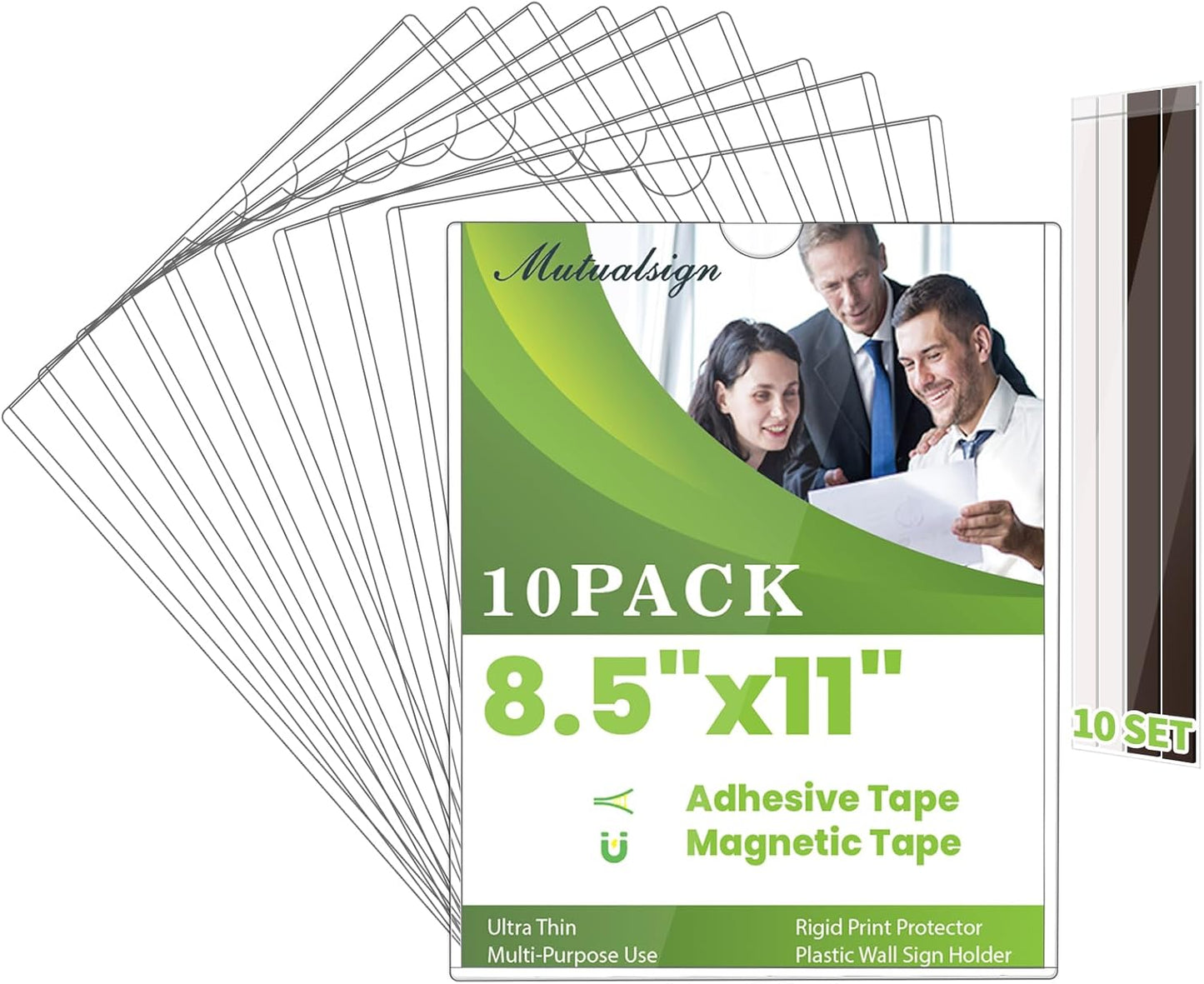 10 Pcs Wall Sign Holder 8.5"x11" Magnetic Sign Holder, Rigid Print Protectors with Adhesive & Magnetic Tapes, Wall Mount Plastic Paper Holder for Office Store Home Window Display (Clear)