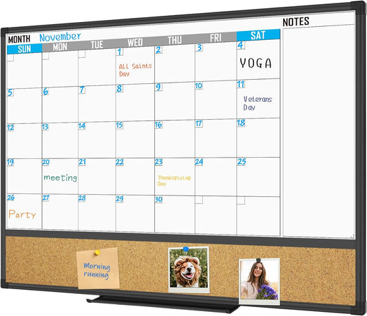 XBoard Dry Erase Calendar Whiteboard 48 X 36 - Combo White Board Calendar Monthly, Magnetic White Board + Corkboard with Black Aluminum Frame, Colorful Push Pins & Marker Tray Included