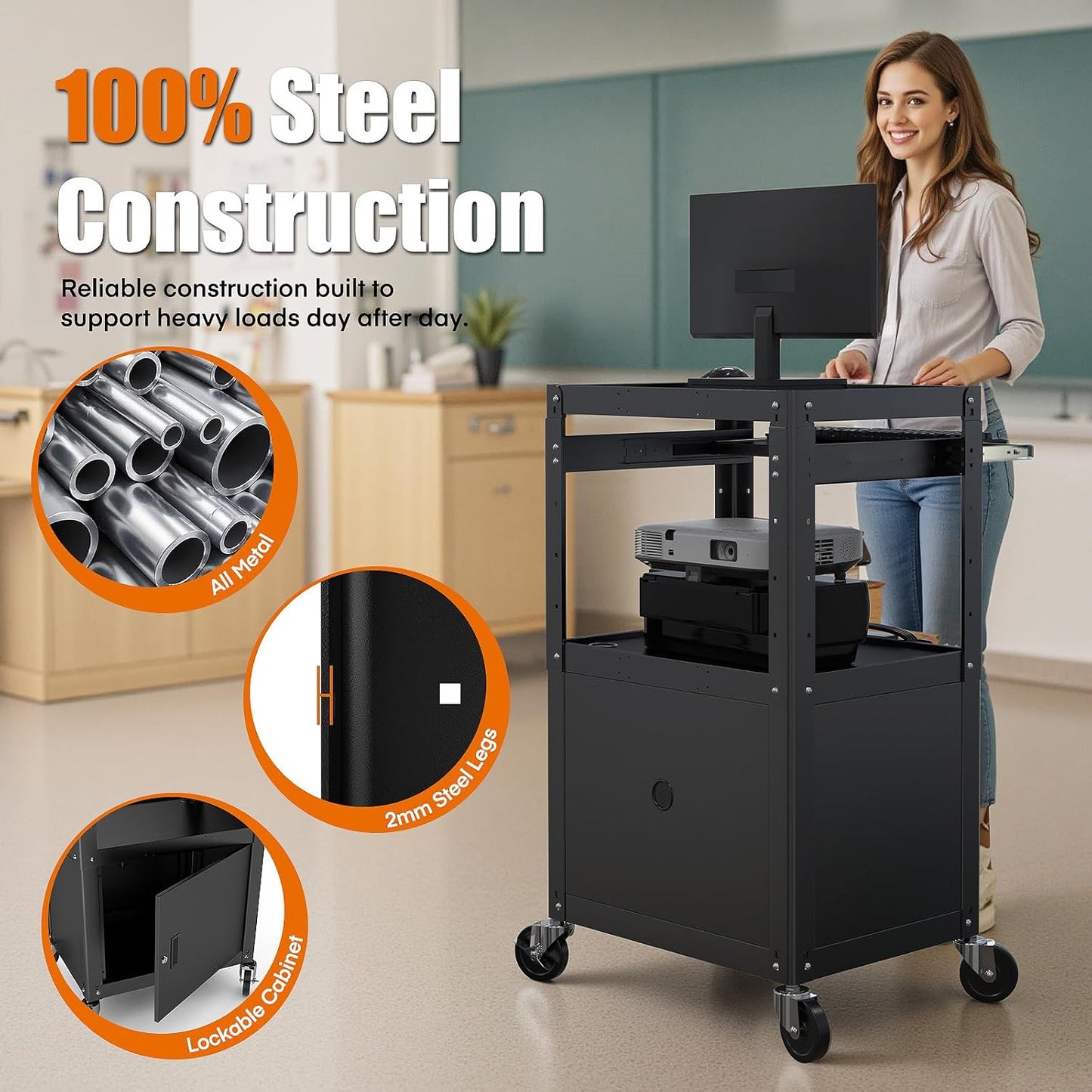 Steel Large AV Cart with Extra Storage - Adjustable Height Cart with Locking Cabinet, Pullout Tray, Power Strip, and Cord Management - Holds 300 lbs and Easy to Assemble (24'' x 18'' x 42'')