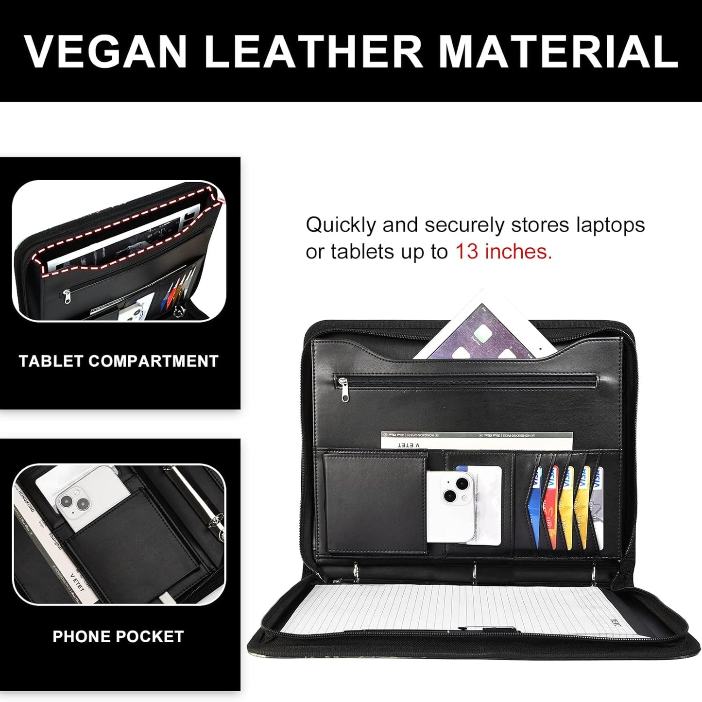 Leathario Portfolio Binder, Includes 5 Folder Index Dividers and 3 Notepads, 3-Ring Folder Organizer, Padfolio with Zipper, Vegan Leather Tablet Sleeve, Business Office Conference Clipboards