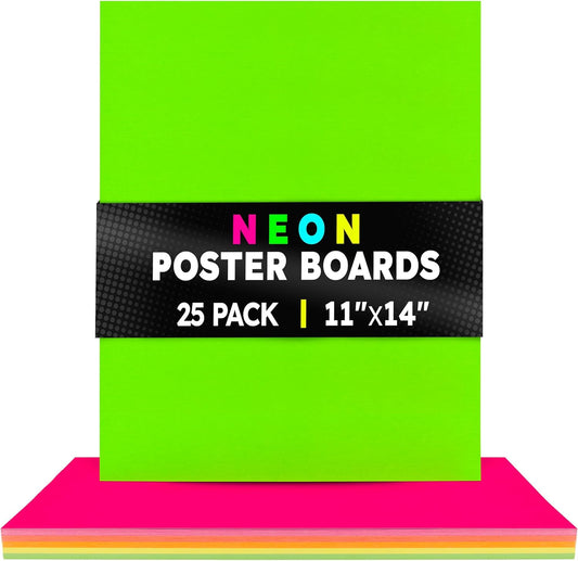 Hygloss Medium Poster Board 11x14 - 25 Assorted Neon Color Poster Boards Bulk Pack - 10 Pt. Thickness Colored Poster Board Paper for Projects, Signs, Displays - Posterboard Multipack 11" x 14"