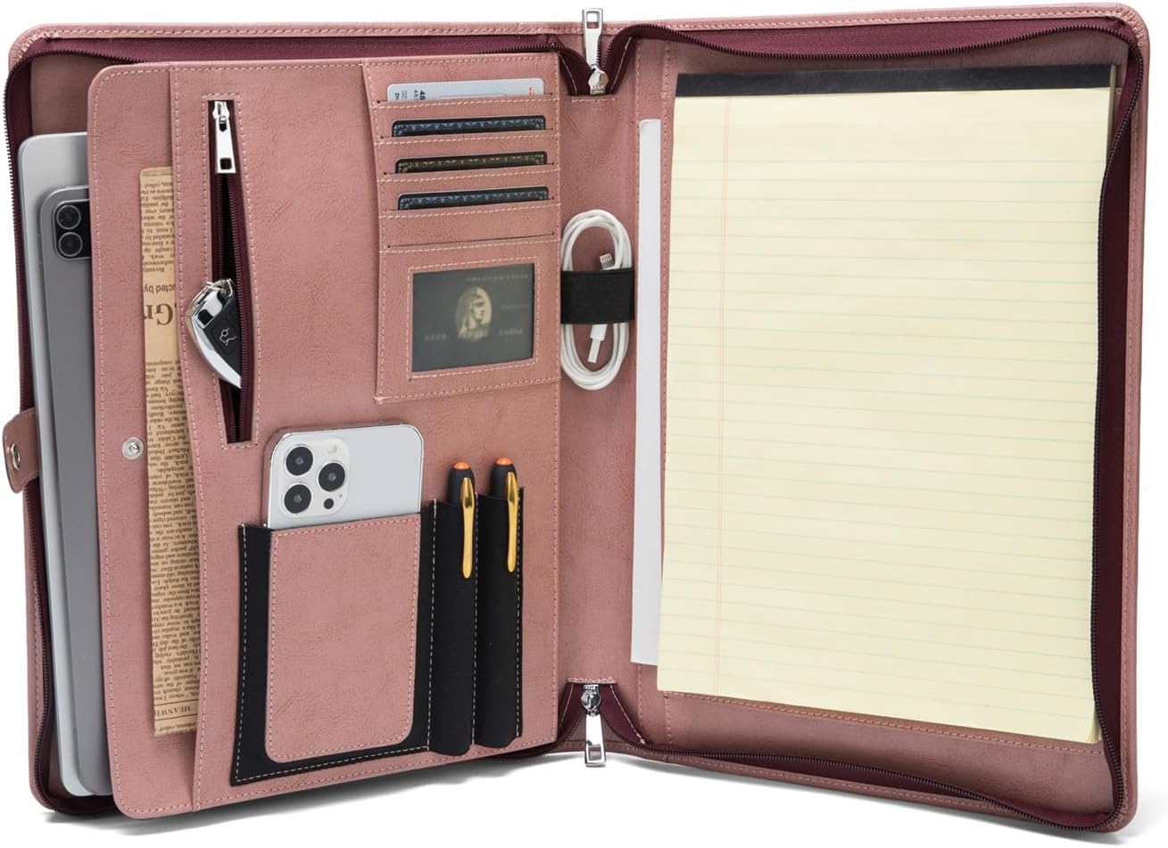 Personalized Vegan Leather Portfolio, Legal Size 8.5 x 14 Pad Holder, Custom Business Padfolio for Women, Zippered Laptop Organizer, Professional Notepad Folio, Pink