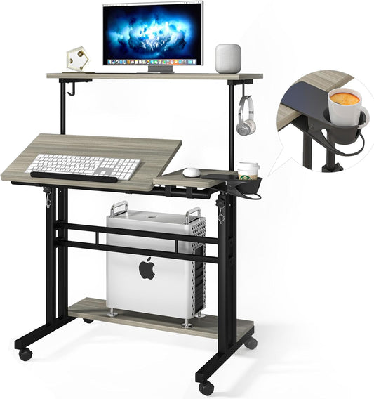 Mobile Standing Desk, Adjustable Rolling Computer Desk with 3 Desktops, Portable Laptop Table with Cup Holder, Home Office Laptop Workstation on Lockable Wheels, Grey Oak