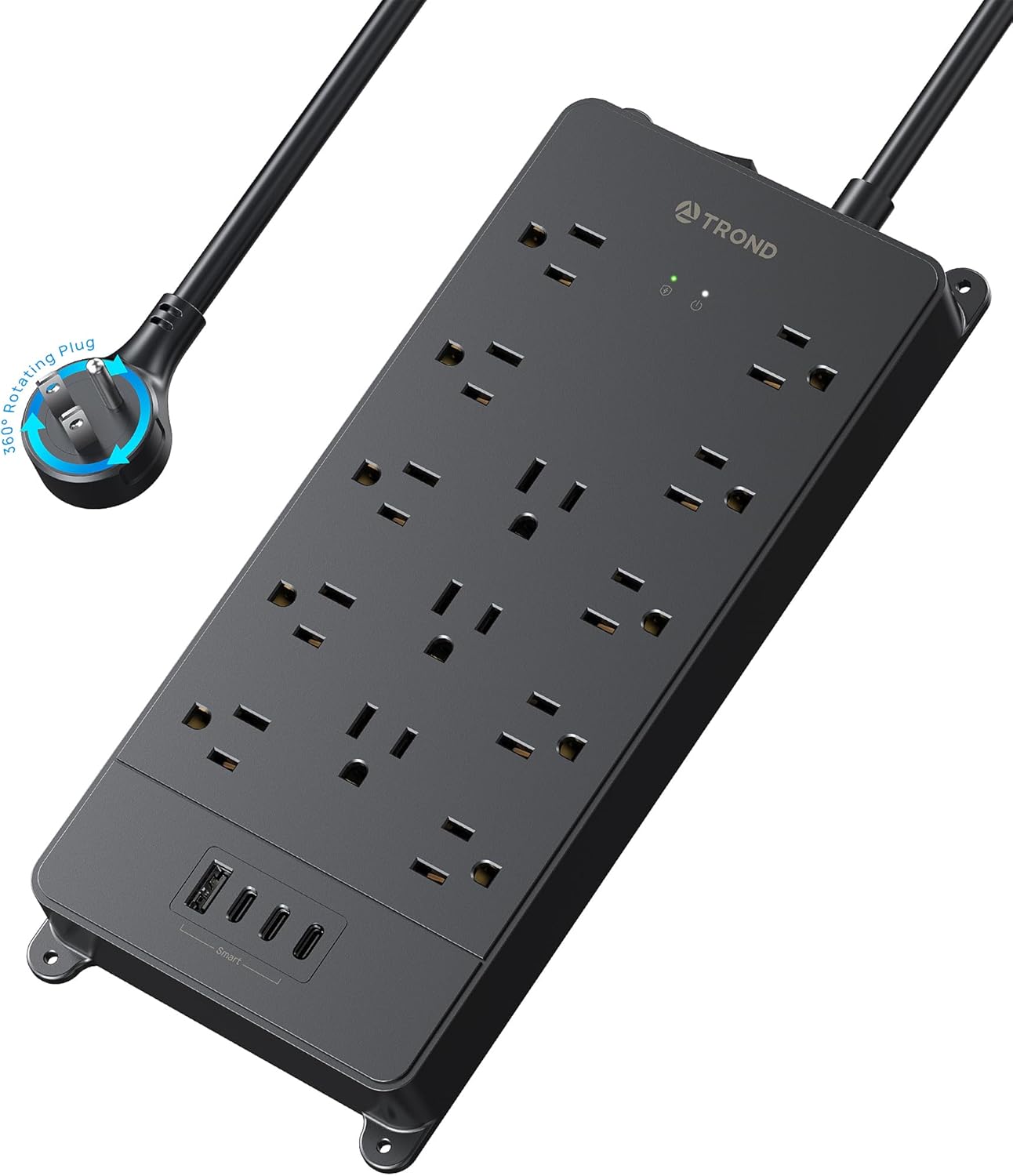 TROND 360° Rotating Flat Plug, Surge Protector Power Strip, 13AC Widely Spaced Outlets Expansion with 3 USB C Ports, 4000J, 5ft Extension Cord Heavy Duty, Wall Mount, Under Desk, ETL Listed, Black