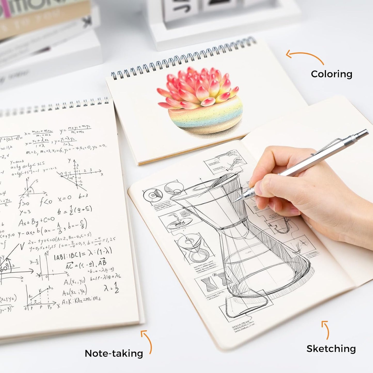 Four Candies Metal Mechanical Pencil Set, 3PCS Art Drafting Pencils 0.5, 0.7, 0.9MM & 2PCS 2MM Mechanical Drawing Pencils with 420PCS Leads (4B 2B HB 2H Color) for Writing Sketching Drawing (Silver)