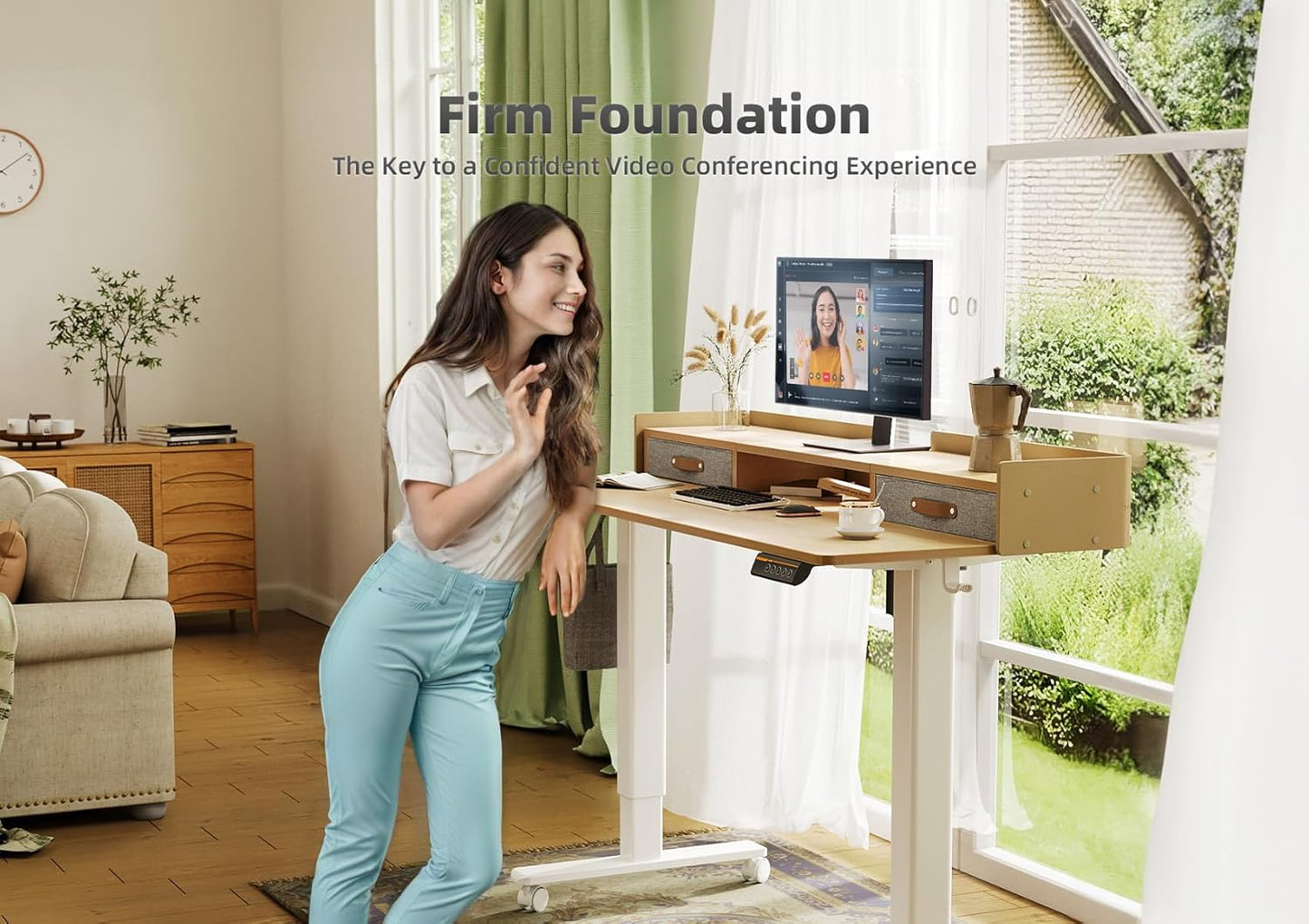 YDN Standing Desk with Drawers, 55 Inch Standing Desk Adjustable Height, Adjustable Electric Stand Up Sit Stand Small Desks with Storage and Shelf, Natural