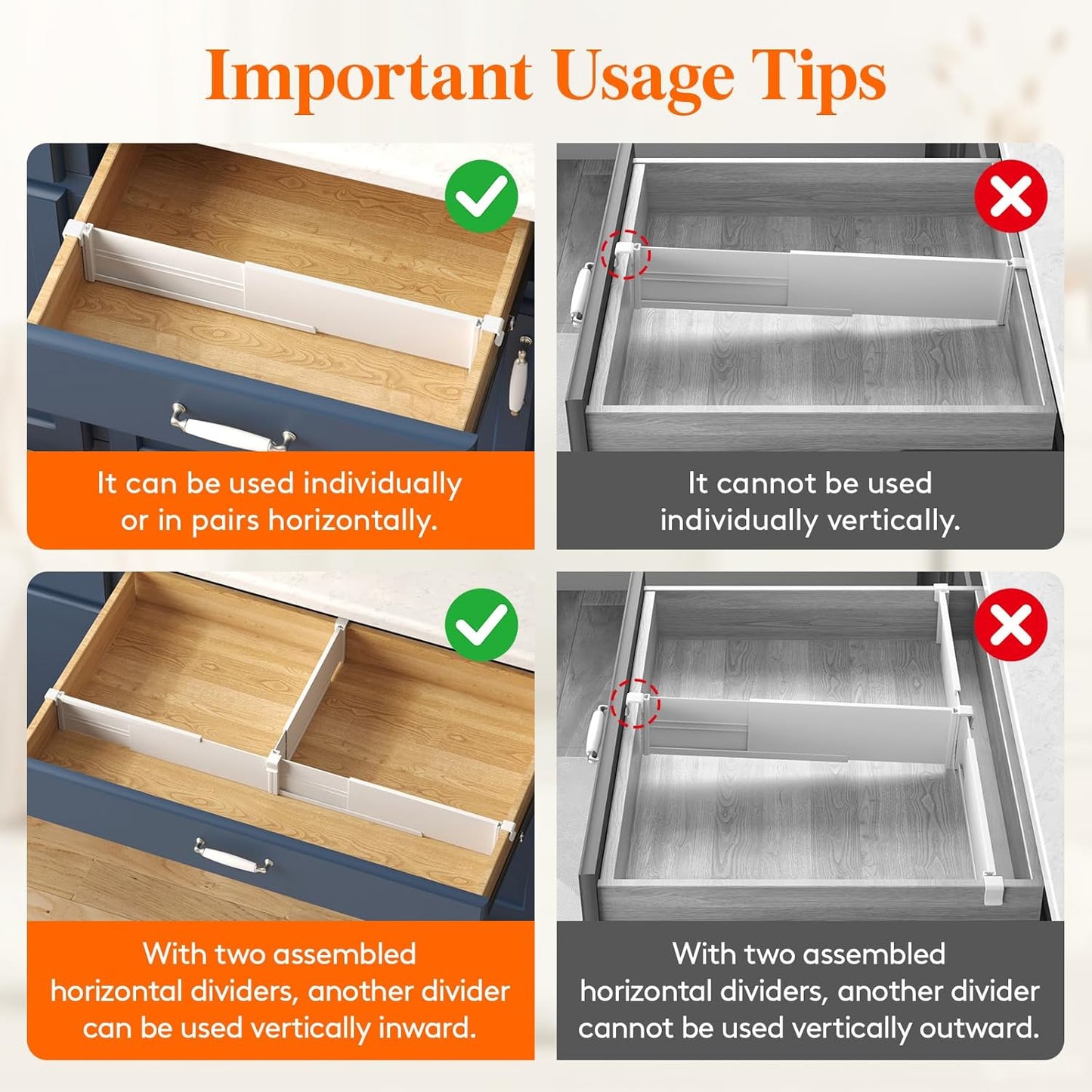 Lifewit Hanging Kitchen Drawer Dividers 3.1" High, 10-17" Adjustable Drawer Organizers for Utensils, Expandable Dresser Separators in Kitchen/Bedroom/Bathroom/Vanity/Office, White(8 Pack)