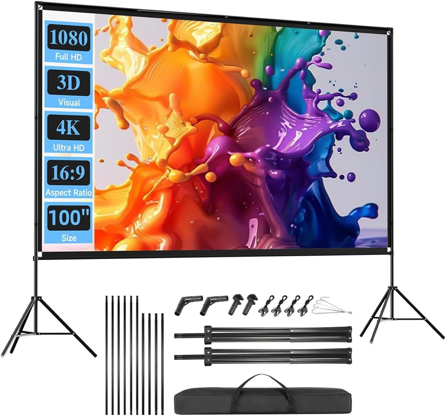 Outdoor Projector Screen with Stand, SCREENMAX 100 inch Foldable Projector Screens with Portable Carry Bag, 16:9 4k HD Rear Front Wrinkle-Free Projection Screen for Movie Night and Indoor Home Theater