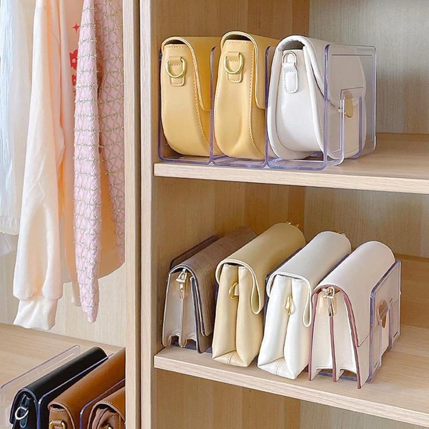 LUGUNU Clear Acrylic Purse Organizer - 3-Section Divider for Handbag Closet Storage - Durable Rack for Purses, Clutches More (Set of 4)