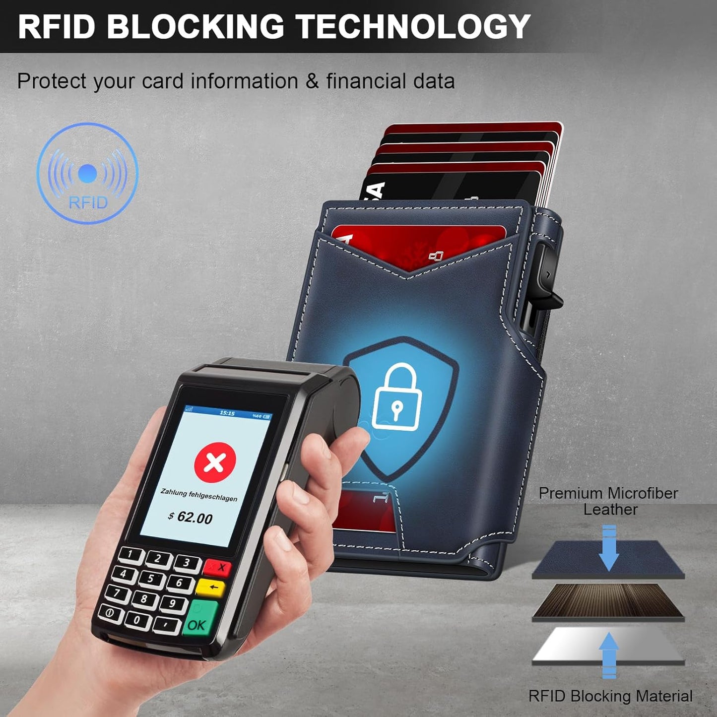 Wallet for Men Wallet with Slim Pop Up Card Holder 9-13 Cards, Bifold Minimalist Smart Wallet RFID Blocking Credit Card Holder with ID Window & Stretchable Cash Slot Compact Metal Aluminum Card Case