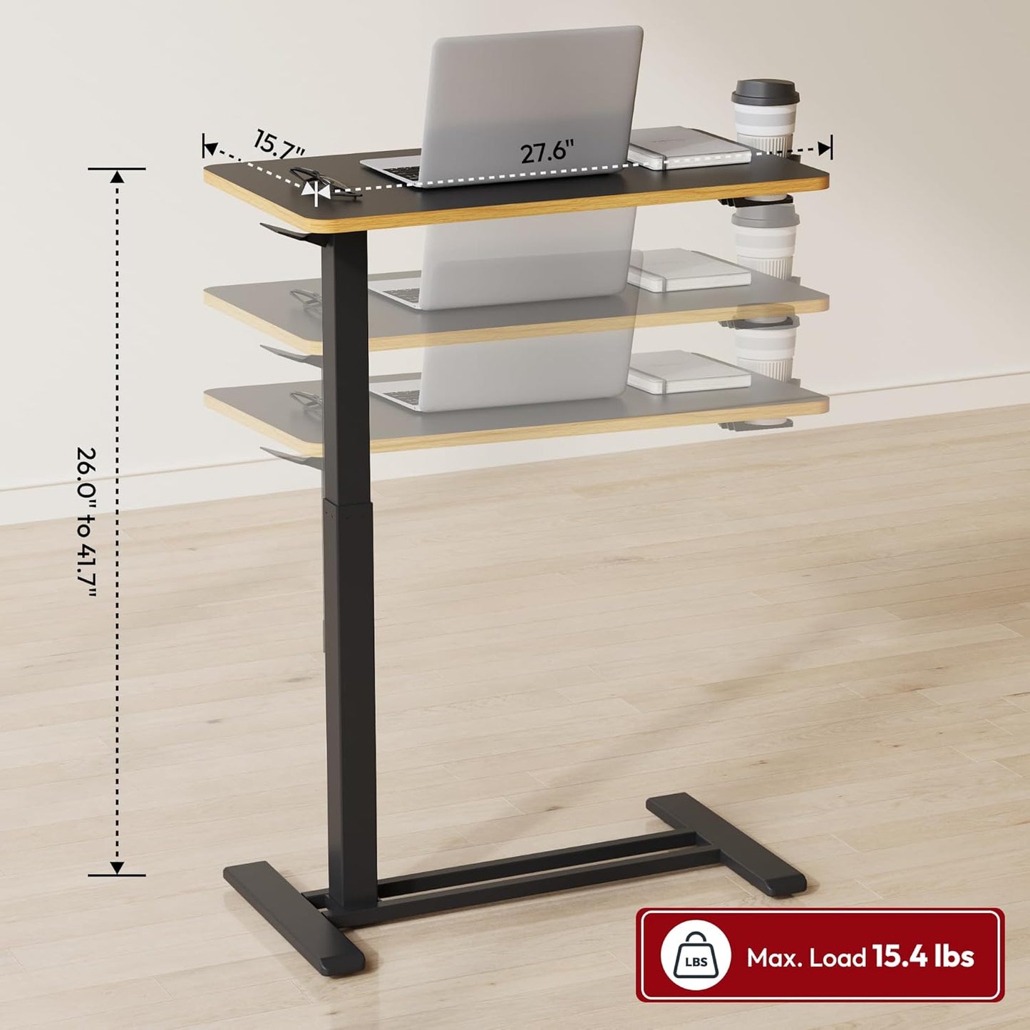 SANODESK Mobile Standing Desk with Hidden Wheels,Pneumatic Laptop Desk Rolling Computer Cart Movable Height Adjustable Small Sit Stand Desk for Home Office(27.6" W x 15.7" D, Black+Maple Band)