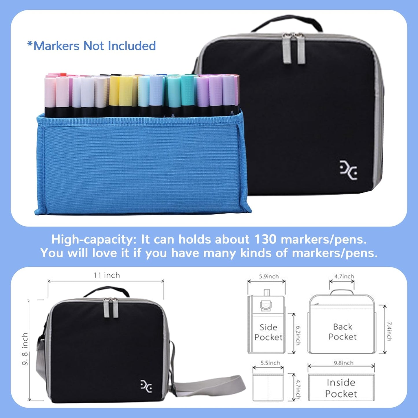 Large Storage Tote Bag for Markers, Brush Pens, Coloring Pencils, Books, Art & Craft Supplies, Tools, Cosmetics - Up to 130 Pens, Black