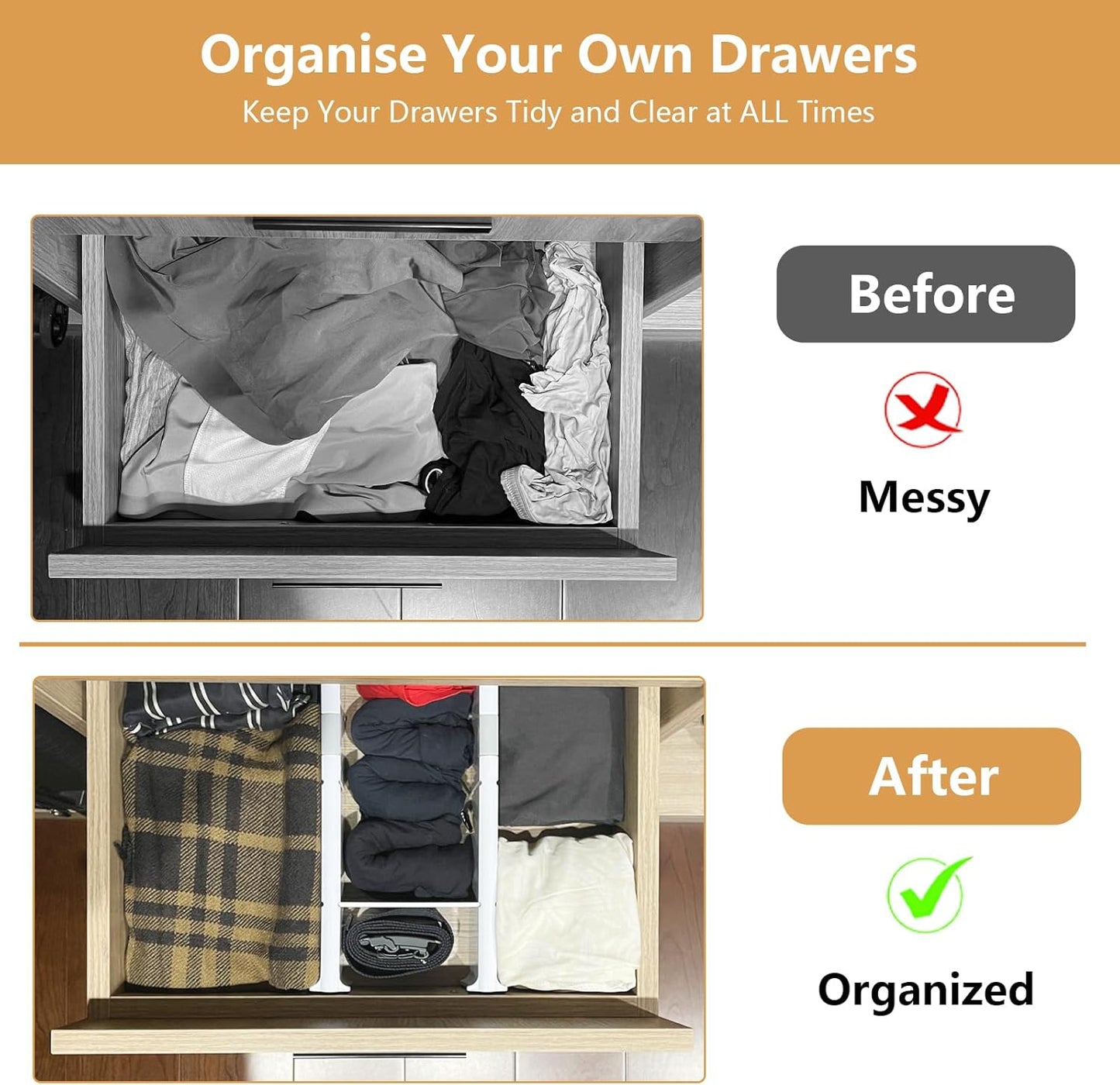 KABUM Upgrade Adjustable Drawer Divider Organizer Clothes Dresser Organizer,Expandable Organization for Home, Office,2.8" High Expandable from 11.7" to 18.5",4 Dividers with 6 Long and 2 Short Inserts