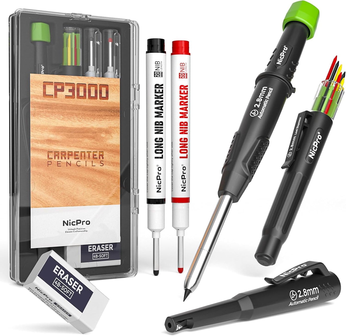 Nicpro Carpenter Pencil with Sharpener & Belt Clip, CP3000 Mechanical Pencils with 6 Refills in a Lead Dispenser, Deep Hole Long Nib Marker Pens for Construction, Woodworking Marking Carpenter Tools