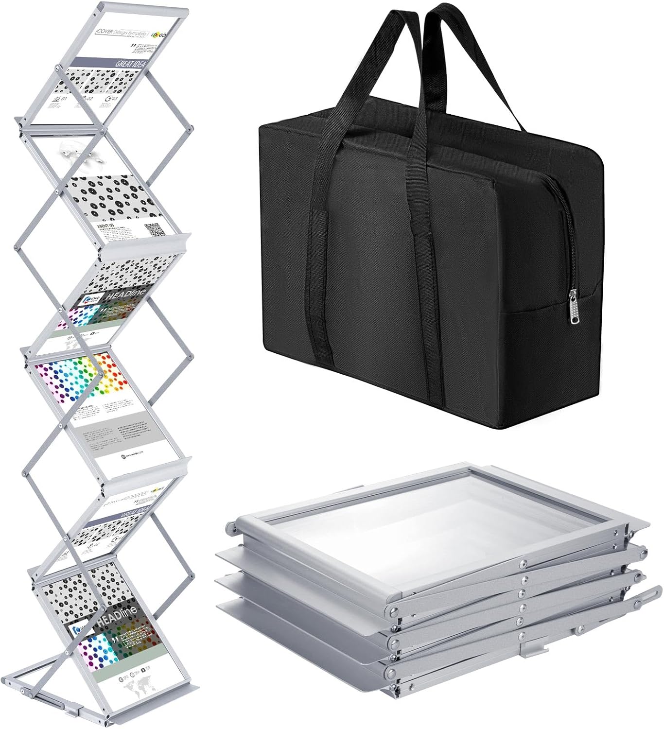 Tatuo Foldable Magazine Rack Metal Catalog Literature Rack Portable 6 Pockets with Carrying Bag Aluminum Brochure Stand Display Holder Stand for Exhibition Trade Show Office Retail Store
