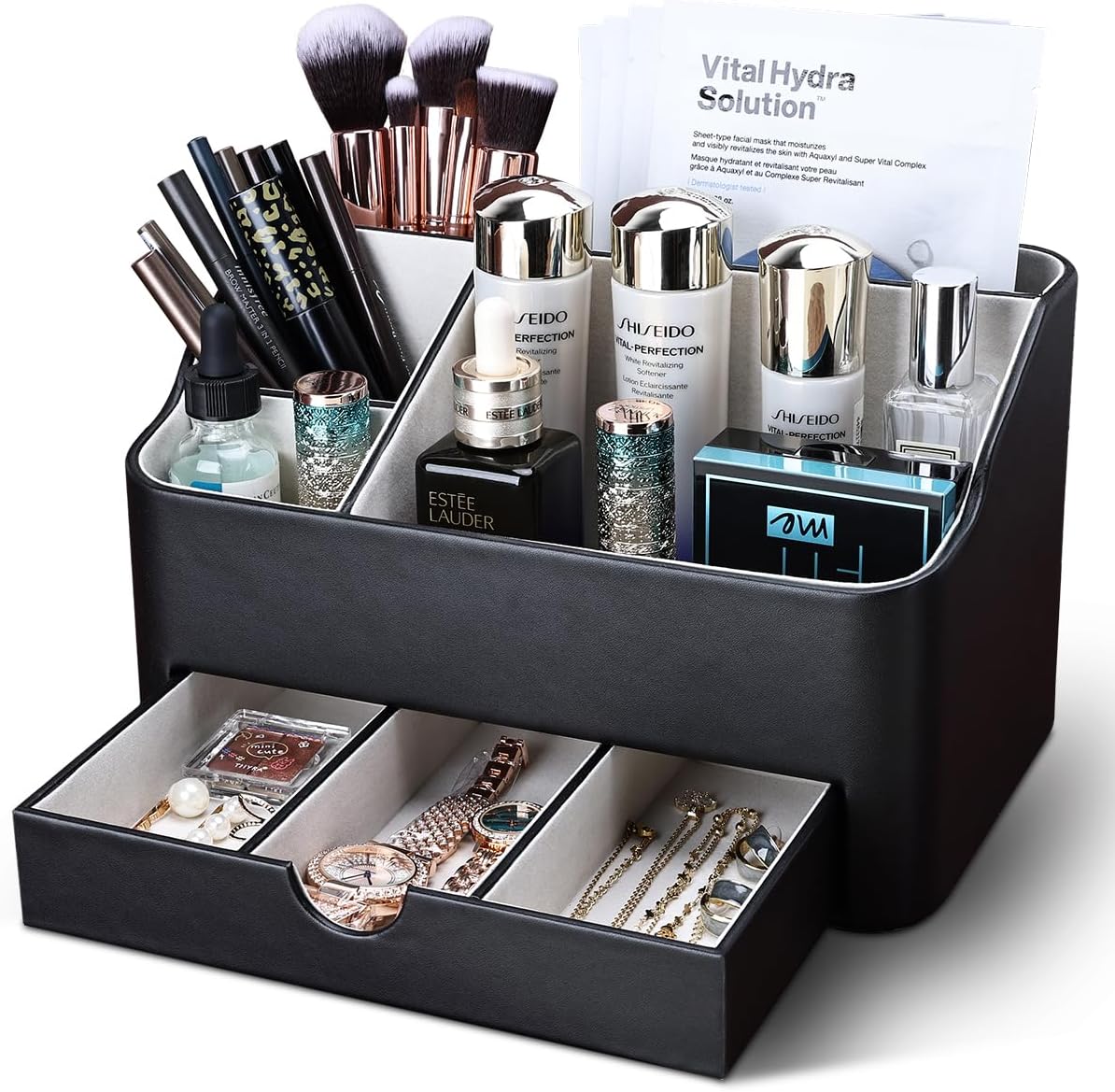 KINGFOM Desk Organizer with Drawer, Multifunction Pencil Holder for Desk, Desk Organizer and Accessories 5 Comparetments for Home Office Supplies (Black)