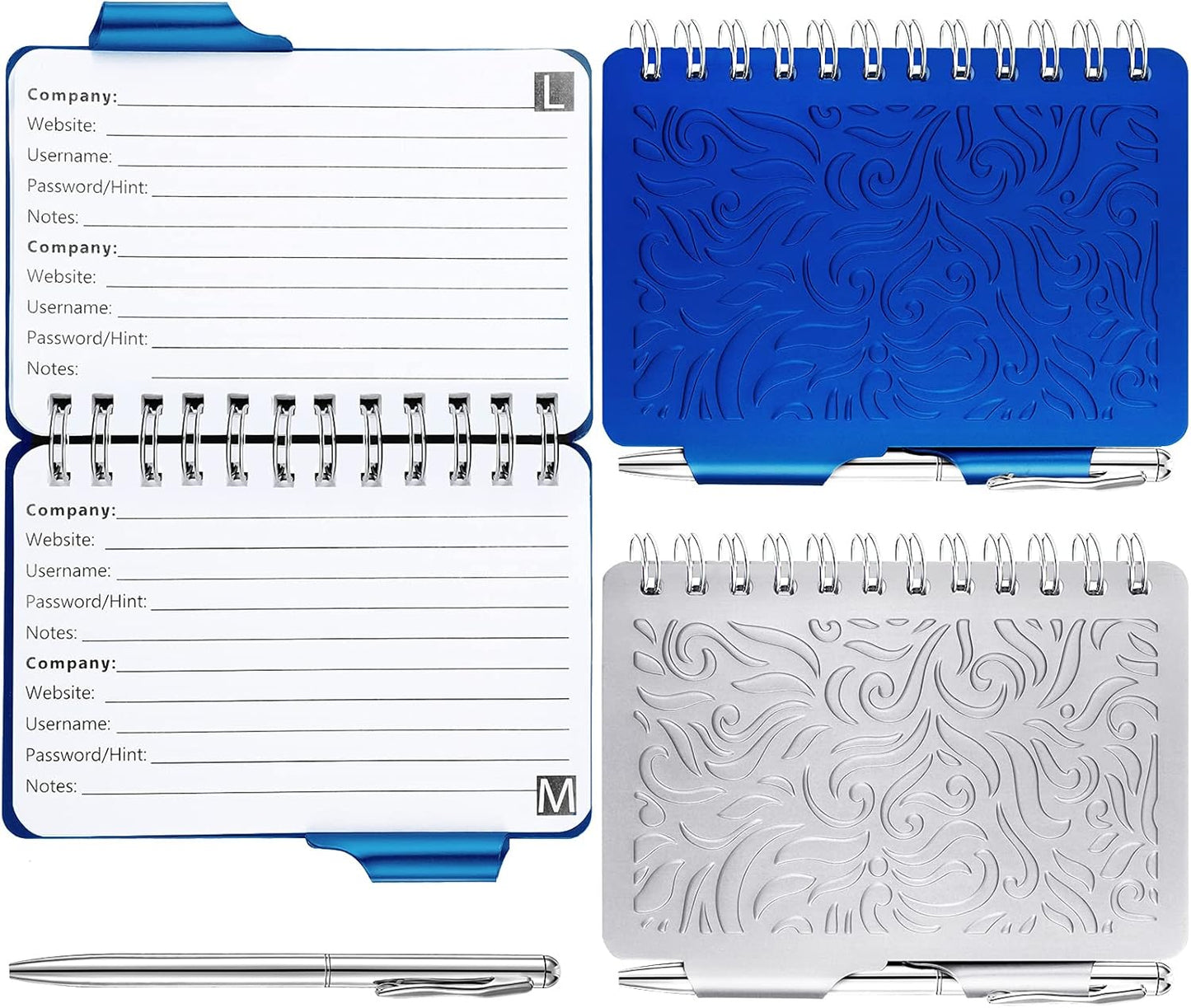 Zonon 2 Pcs Mini Password Book with Alphabetical Tabs Metal Password Keeper Book Portable Organizer Elegant Mandala Pattern Notebook with Pen, Spiral Bound for Information(Silver, Blue)