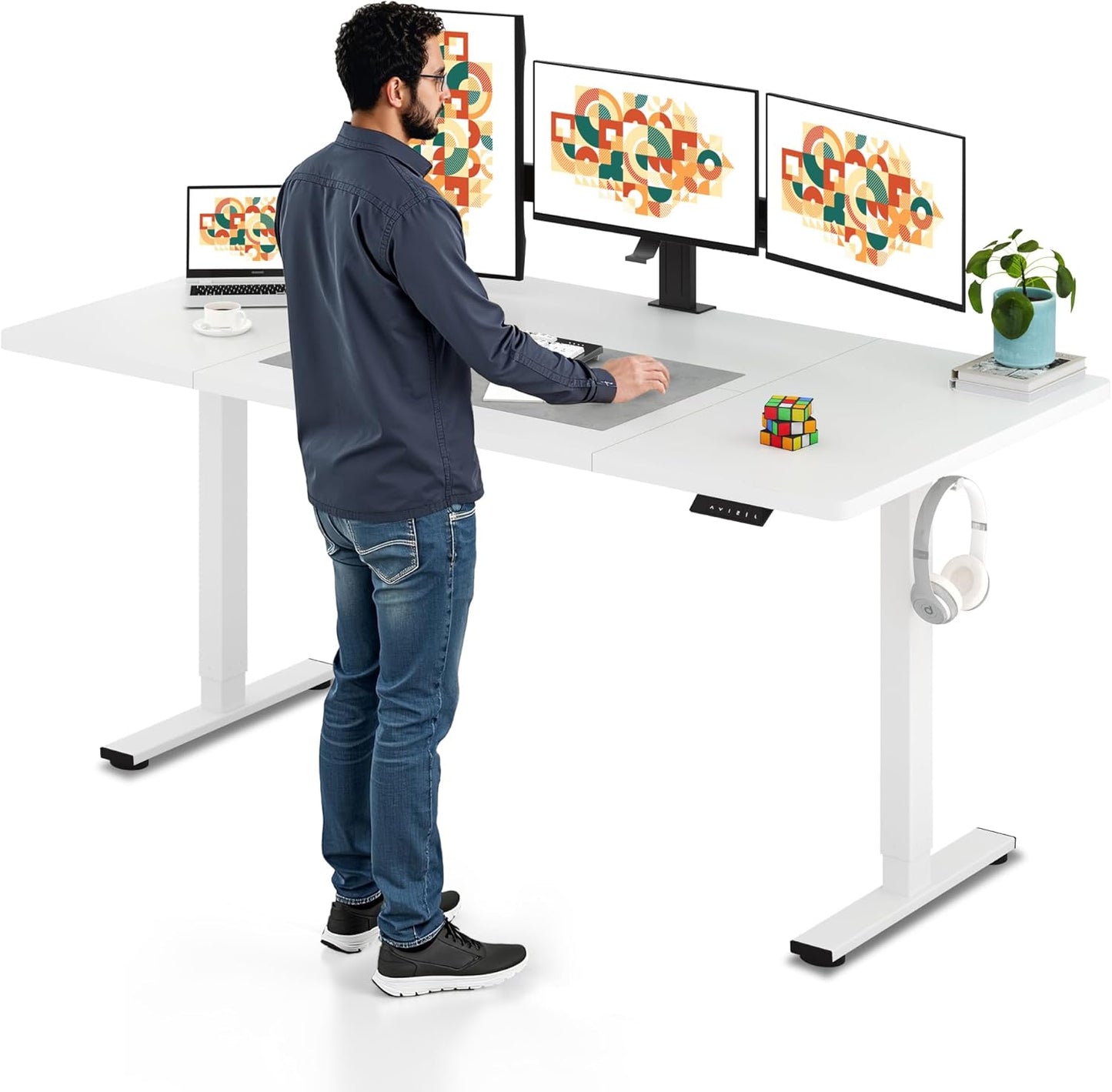 SANODESK Electric Standing Desk 71 x 32 Inches Height Adjustable Stand Up w/6-Button Controller Ergonomic Computer Desk with Splice Board for Home Office, White Frame + White Tabletop