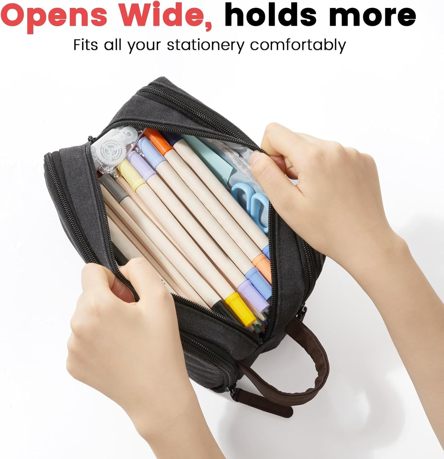 Sooez Large Pencil Case Pouch, Extra Big Pencil Pouch Pencil Bag with PU Handle & Zipper, Sturdy Pen Case with 3 Compartments, Aesthetic School College Supplies Organizer for Men Women Boys, Green