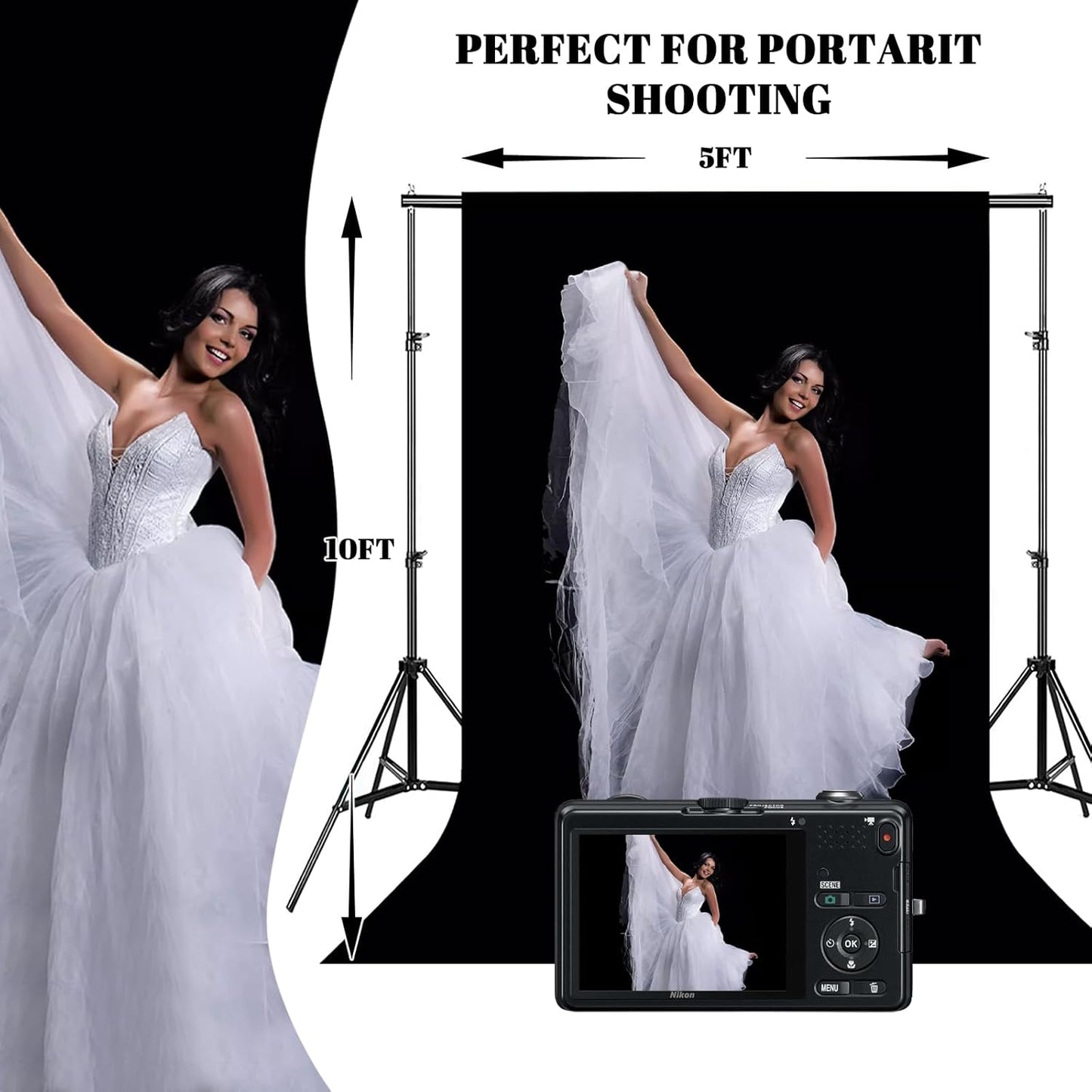 BEIYANG 5 Ft x10 Ft Photography Black Backdrop, Black Background Non-Reflective Fabric, Wrinkle Resistance Photo Background for Chromakey Photo Studio Video Shooting