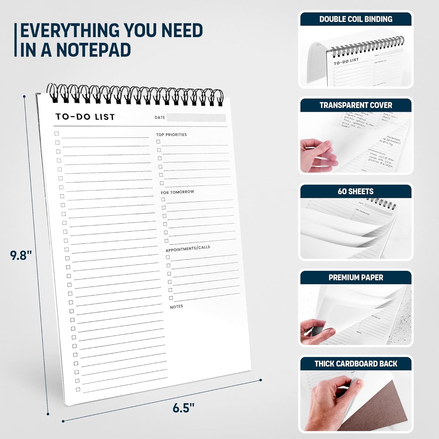 To Do List Notepad 3 Pack: Has Multiple Functional Sections - 6.5 x 9.8" 60 Sheets - Spiral Daily Planner Notebook - Task Checklist Organizer Agenda Pad for Work, Note and Todo Organization