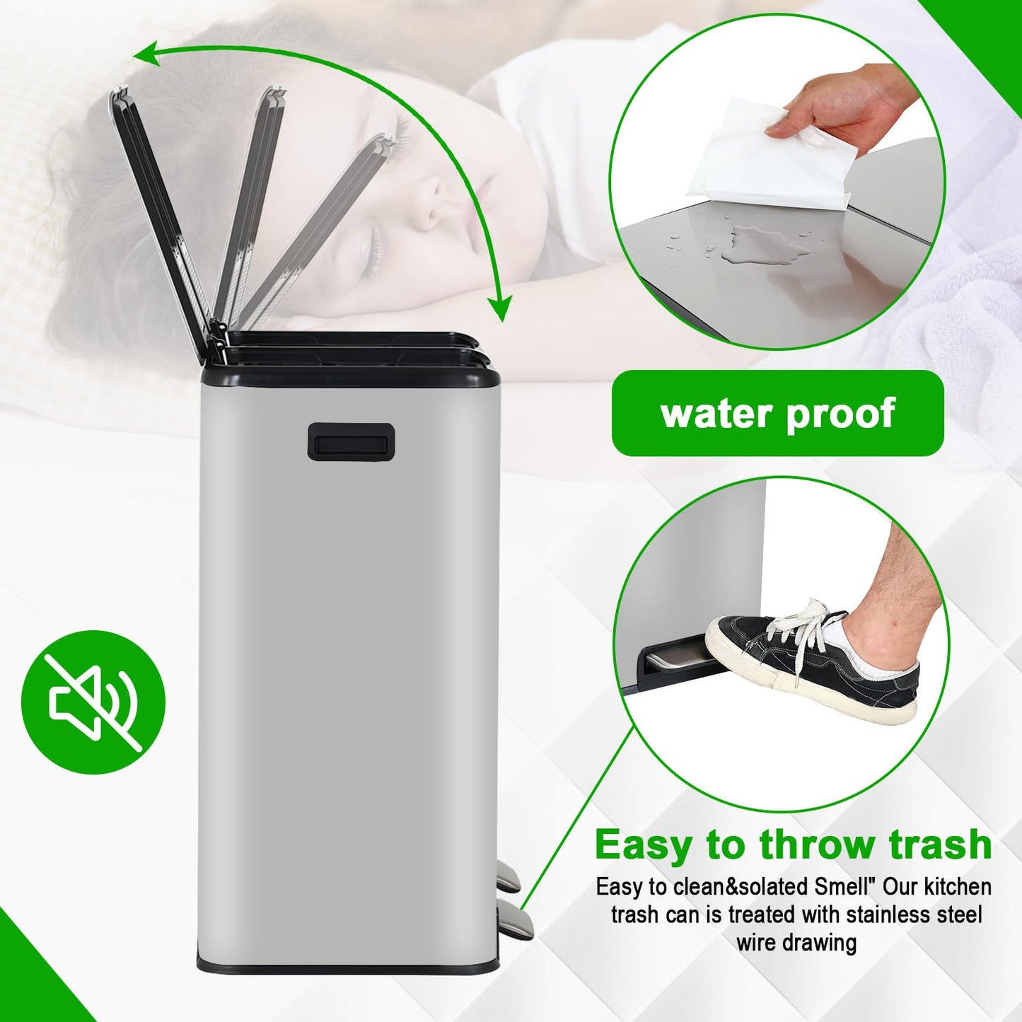 PayLessHere Trash Can, 16 Gallon (2x8G) 60 Liter Rectangular Trash Cans Stainless Steel Step Trash Can with Inner Buckets and Hinged Lids, Suitable for Kitchen Office Home Use,Silver