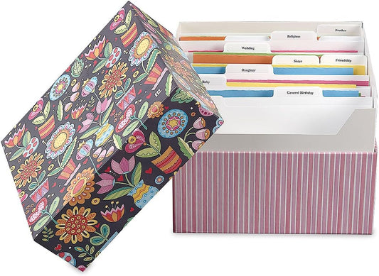 Mary Engelbreit Card Greeting Organizer Box - Stores 140+ cards (not included). 7" x 9" x 9-1/2", Occasion & Recipient Dividers & Labels, Birthday, Get Well, Sympathy etc.