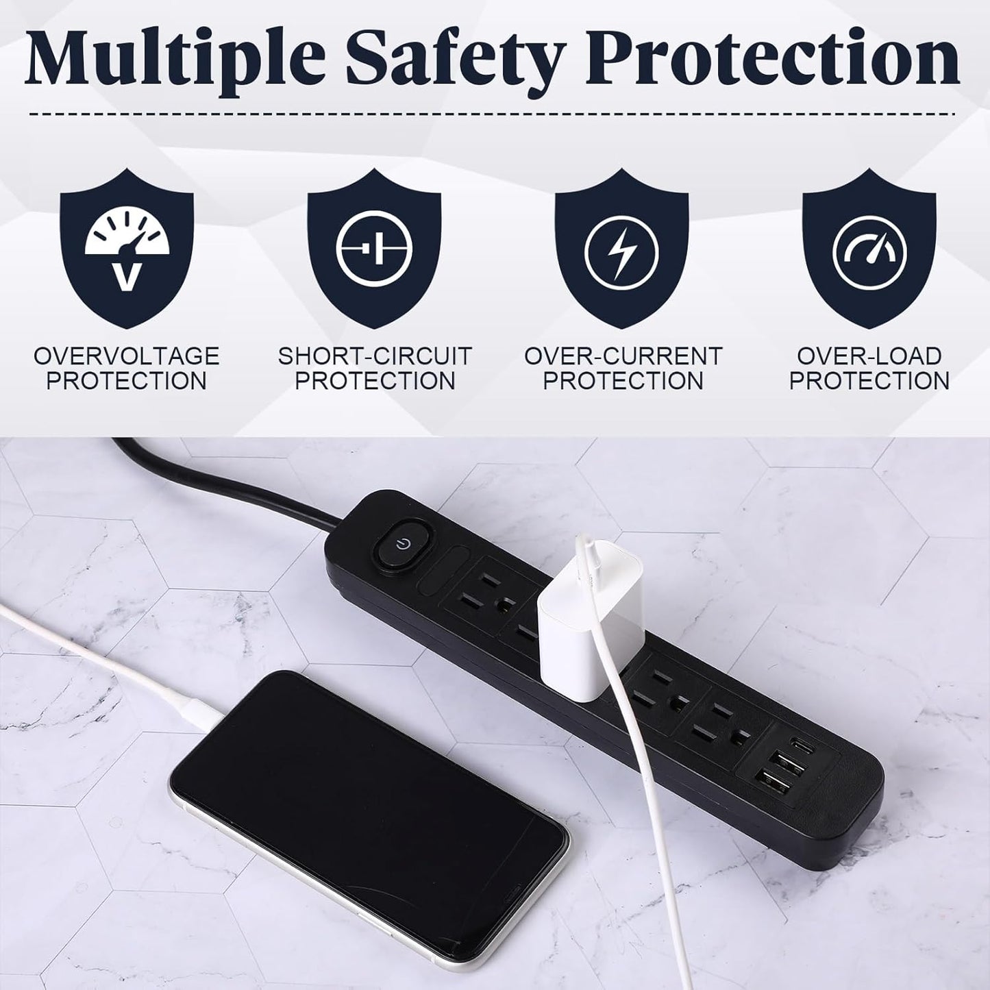 Kanayu 6 Pieces Power Strip Surge Protector with 5 Ac Outlets and 3 USB Ports, Heavy Duty Extension Cords Plug for Home Office Dorm(8.2 ft,Black)