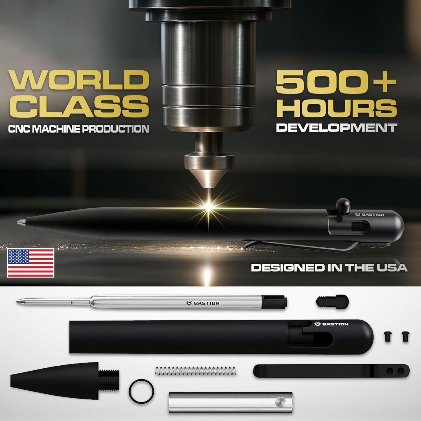 BASTION® Luxury Bolt Action Pen, Durable Professional Ballpoint Pen with Fine Tip, EDC Tactical Pen Ink Refillable Pen - Zirconium Black