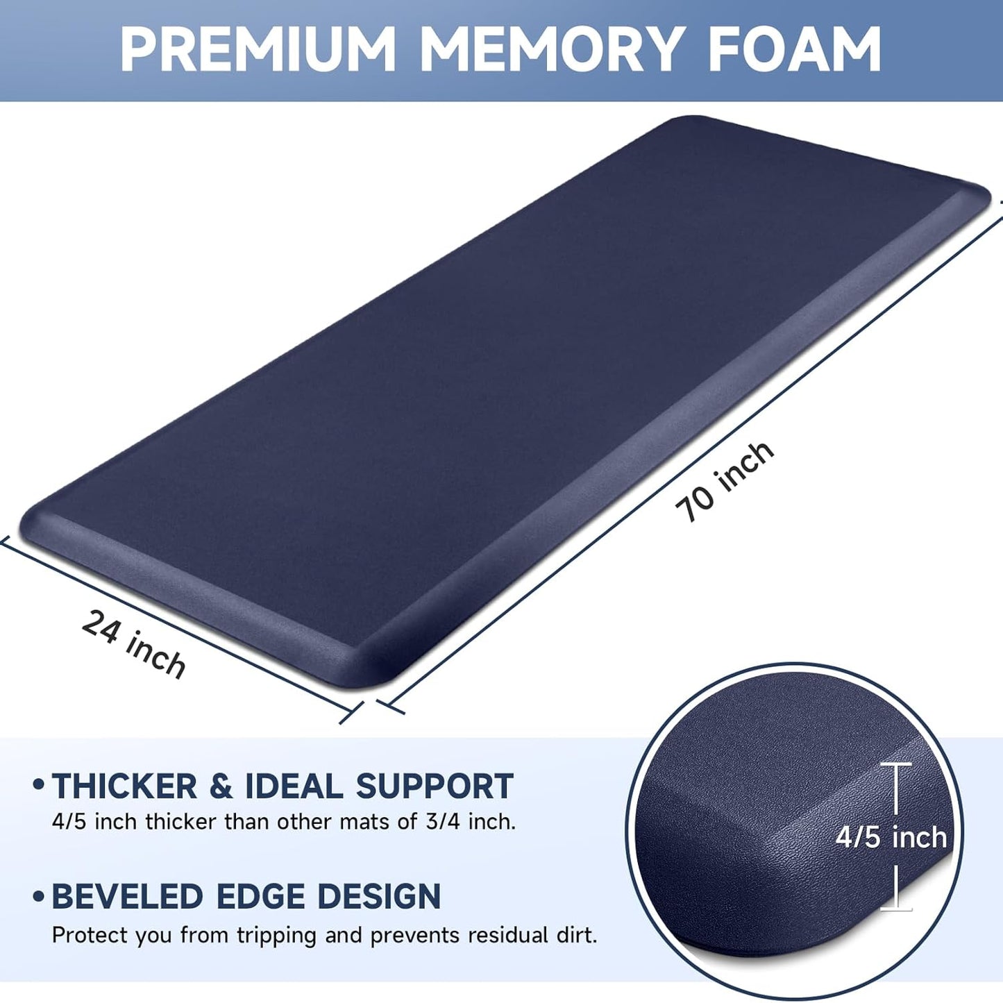 4/5 Inch Thick Kitchen Mats for Floor, StepRite Kitchen Rug for Standing Desk, Non-Slip, Thicker, Stain Resistant, Waterproof, Comfort Anti Fatigue Floor Mat for Home, Kitchen, Office - Blue,70*24''